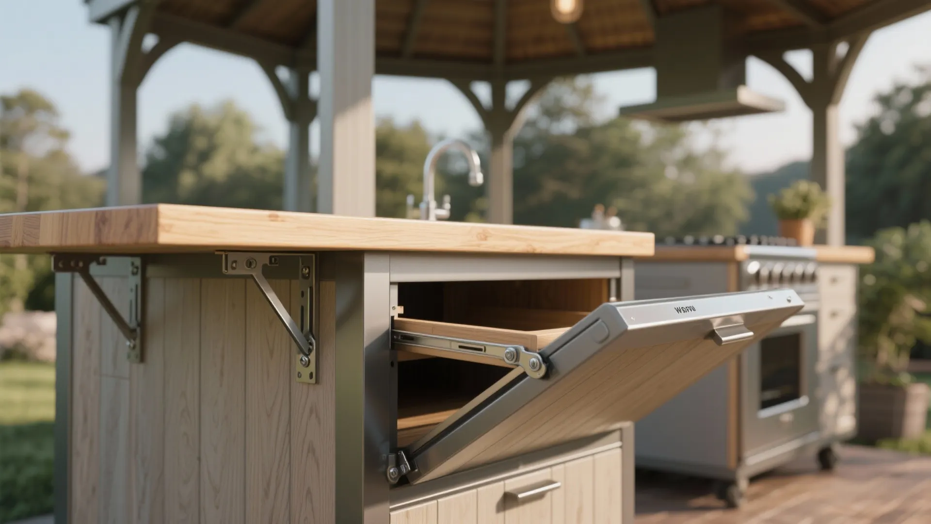 Close-up of a weatherproof fold-down counter with stainless brackets and hidden storage in a gazebo kitchen.