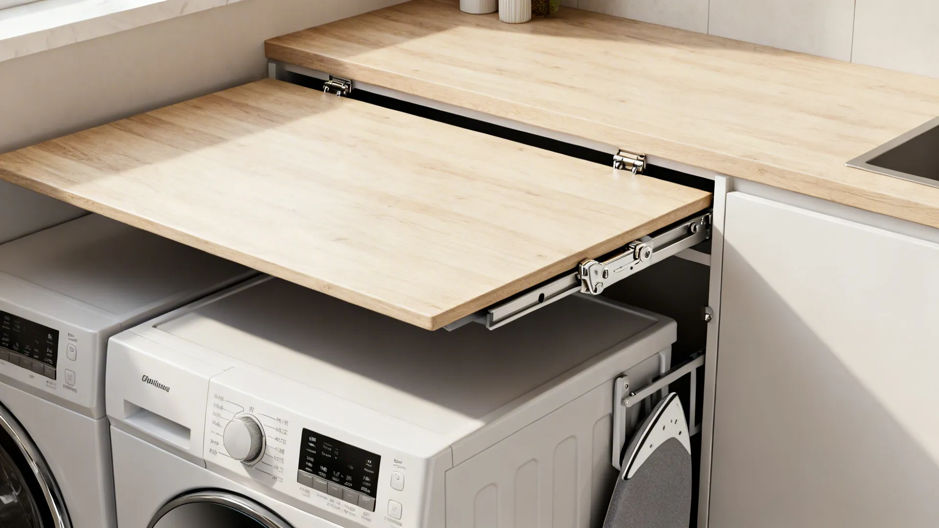 Fold-down countertop above stacked washer and dryer with hidden wall-mounted ironing board.