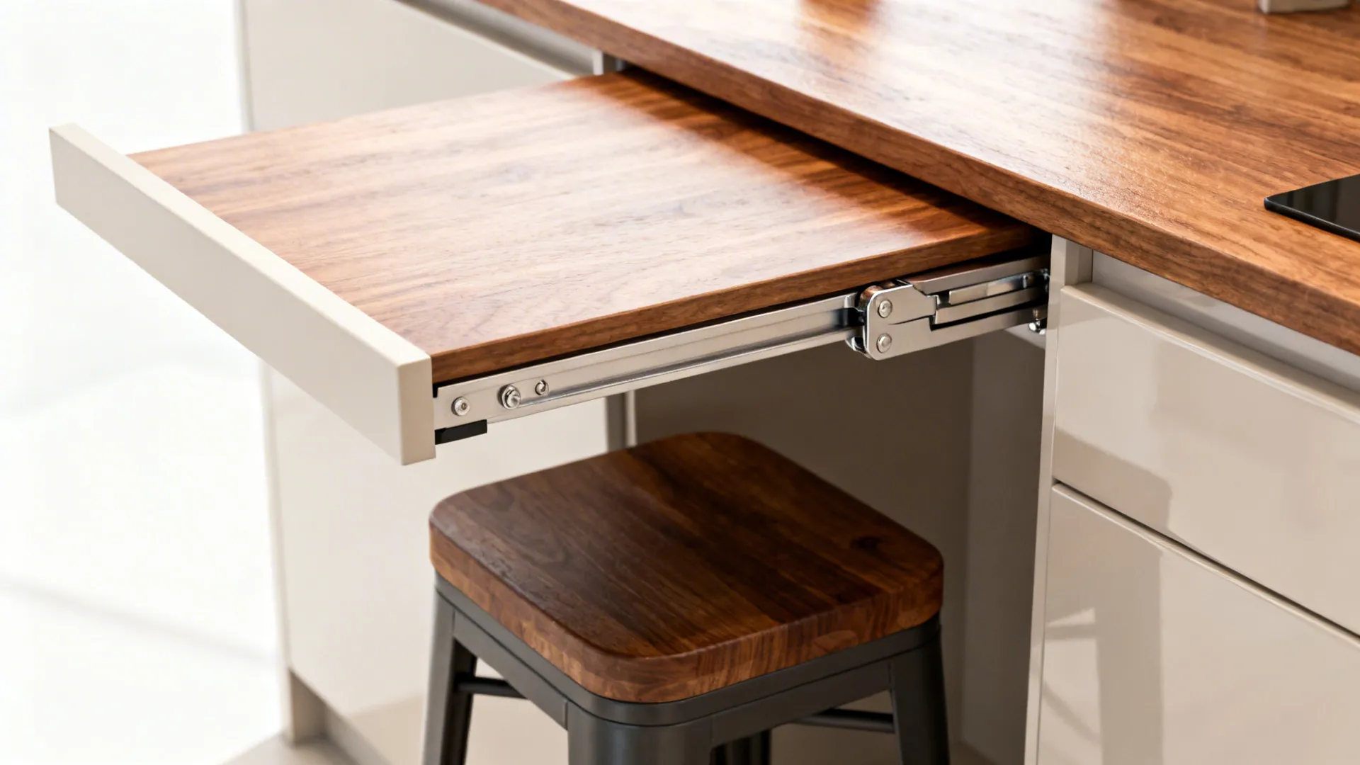 Fold-down wooden countertop with sturdy hinge and stool tucked underneath in a small kitchen
