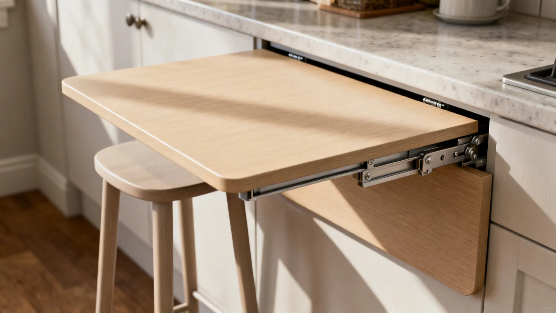 Fold-down breakfast counter attached to a kitchen wall with a slim stool, shown in use