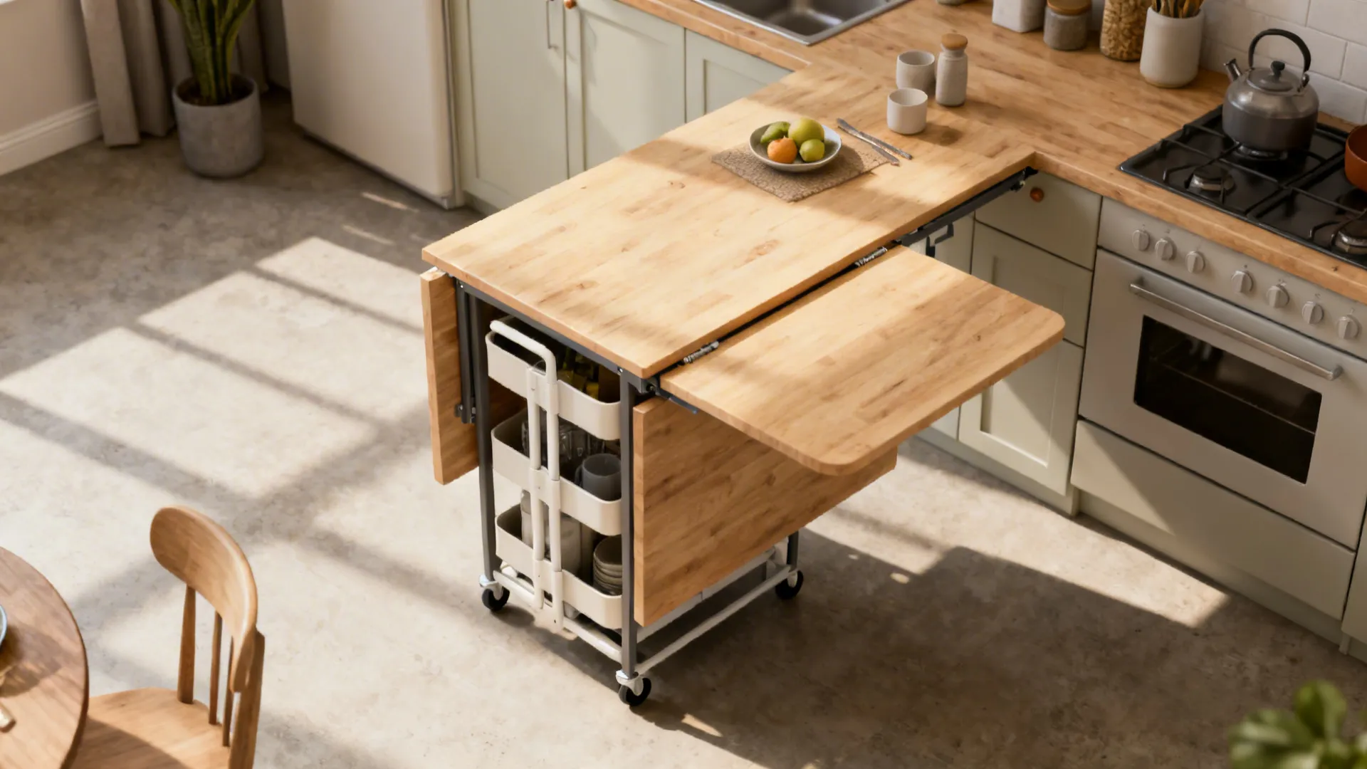 Fold-down drop-leaf counter extended in a small kitchen with a rolling cart tucked beneath.