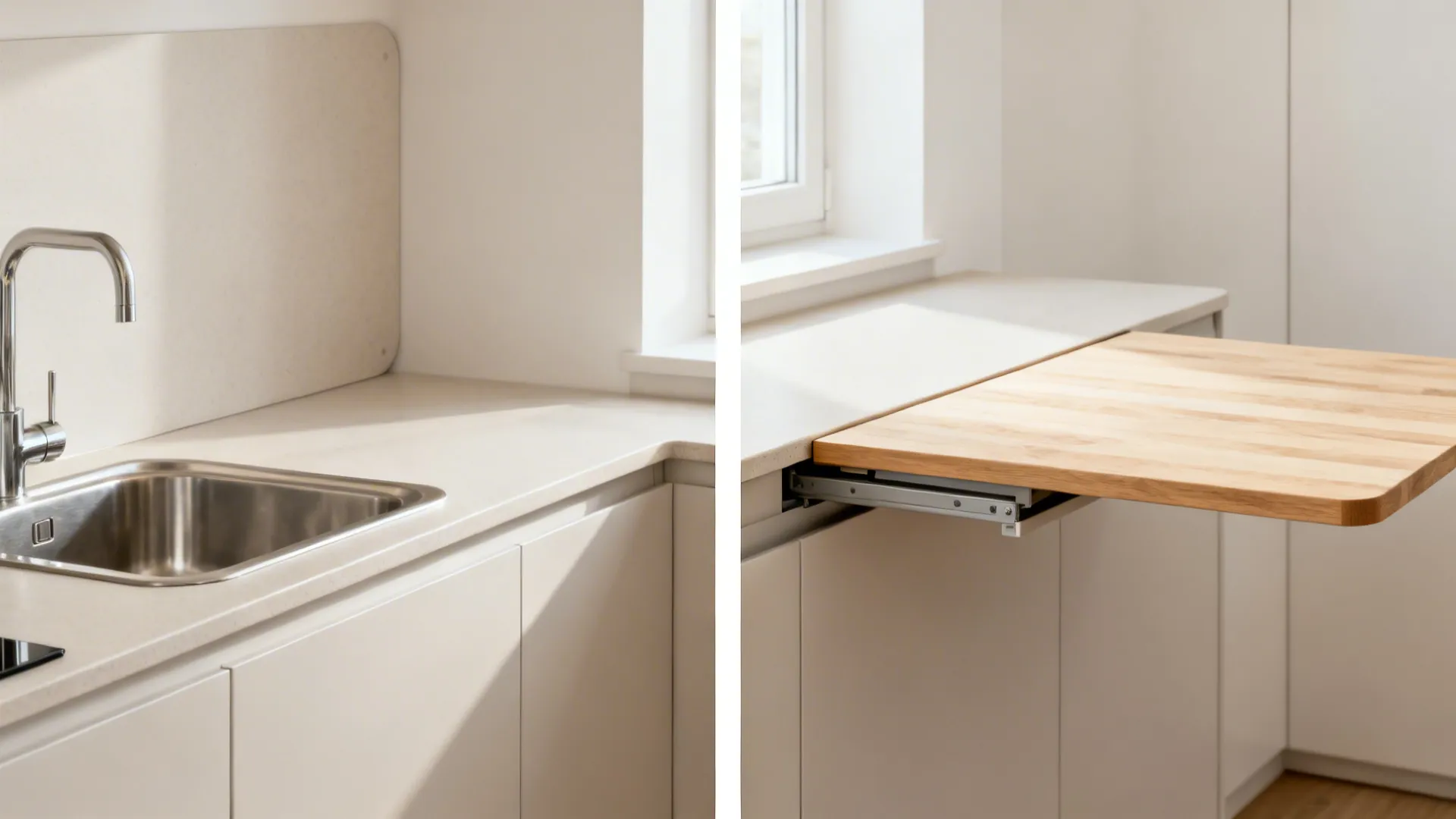 Before-and-after view of a fold-down birch counter panel adding prep space beside a sink.