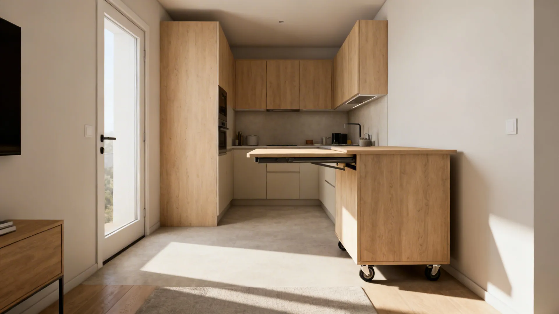 Studio kitchen with an extended fold-down counter and a mobile island on casters.