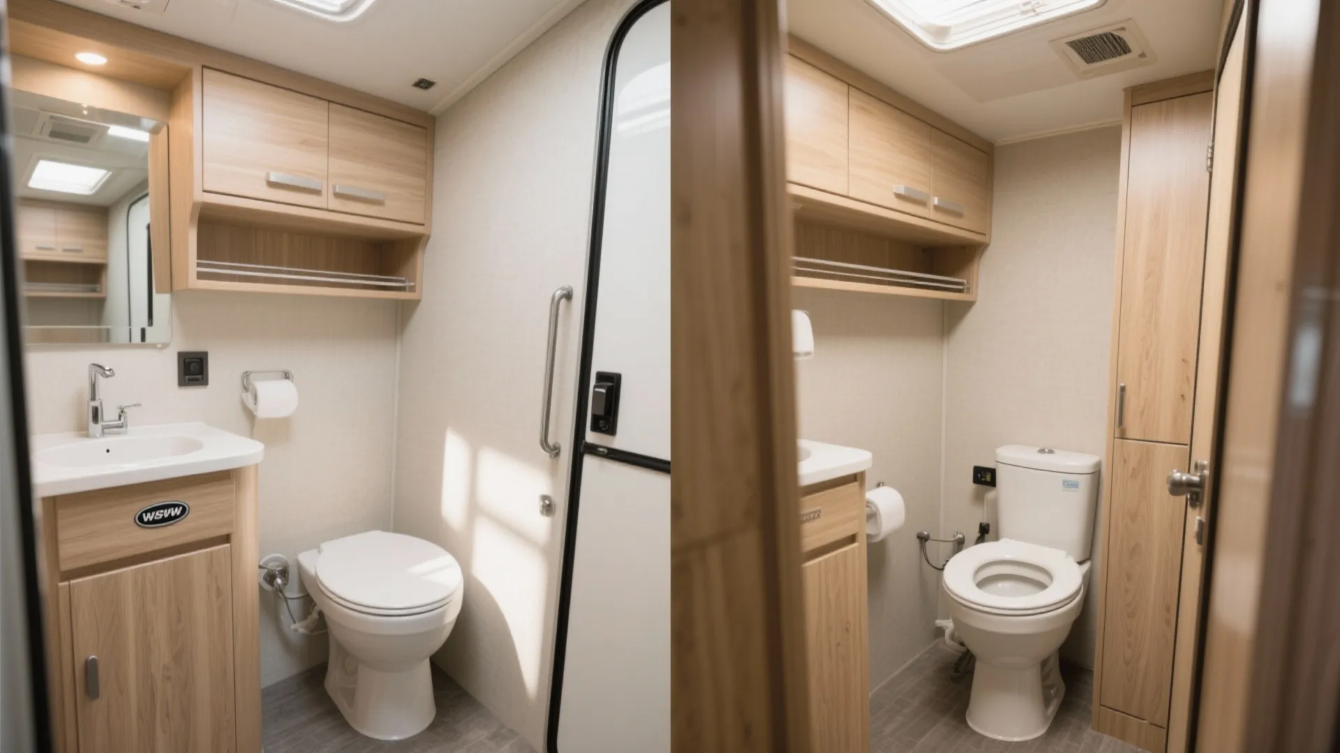 RV bathroom fold-down shelf above toilet for extra counter space