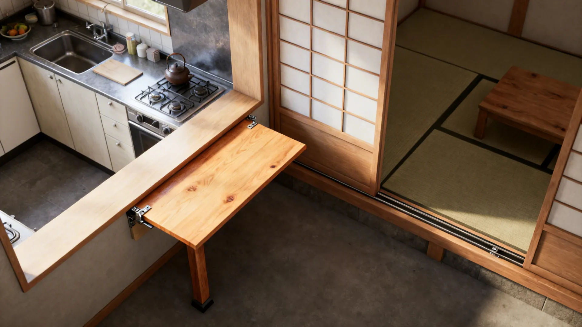 Top-down view of a fold-down cypress counter and shoji-style sliding panel adjacent to a compact kitchen.