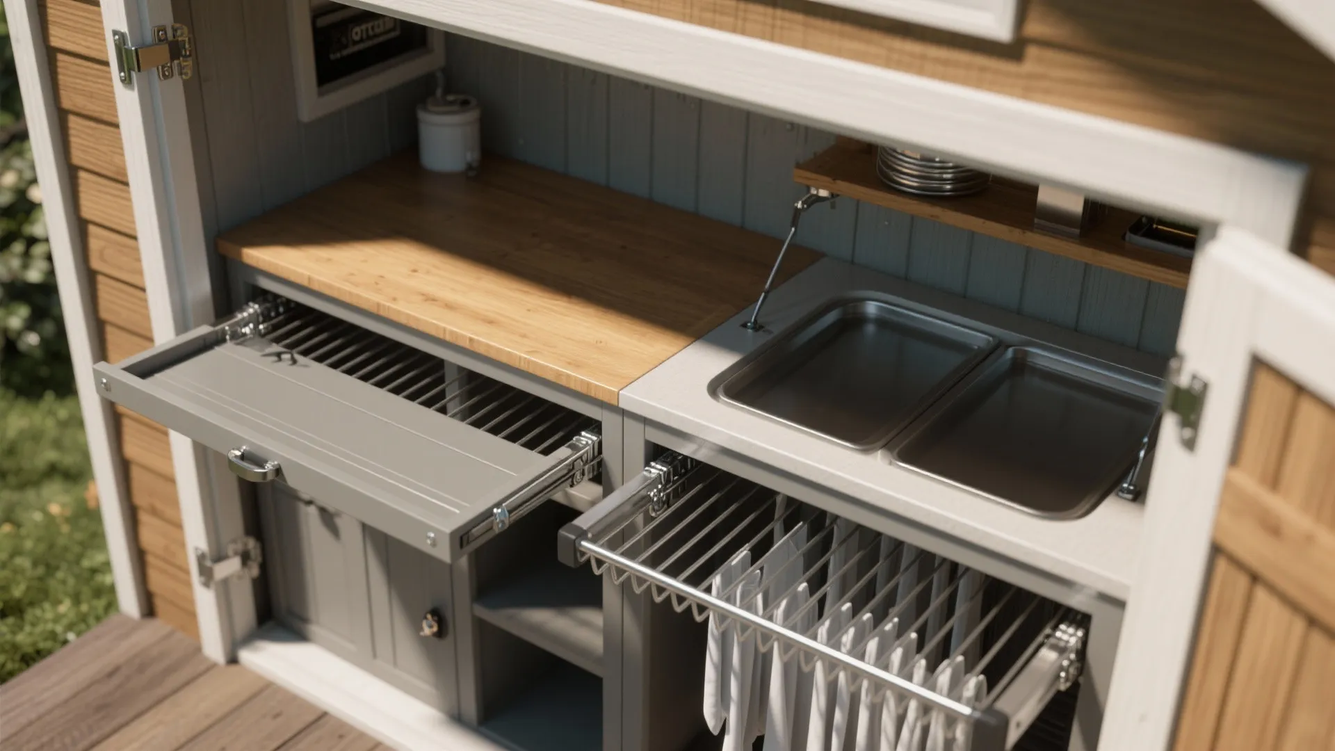 Interior of a cabinet showing pull out drying racks wood countertop and small silver wash basins