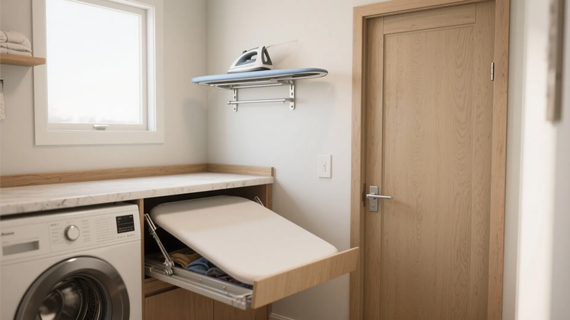 Modern laundry room featuring a washing machine and a space-saving pull-out wooden ironing board design