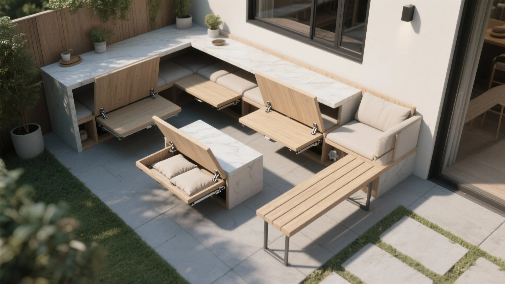 Patio seating area featuring marble counters with fold out wooden tables and comfortable seating benches