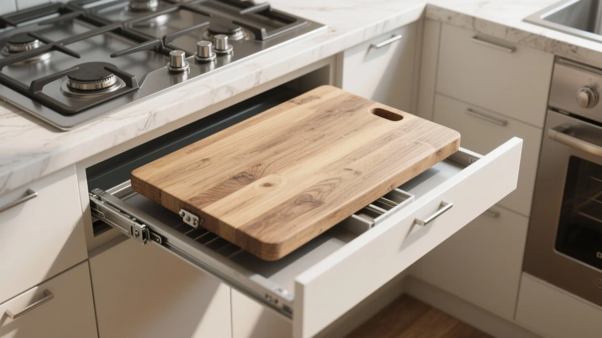 Close up of a wooden cutting board sitting inside an open kitchen drawer under gas stove