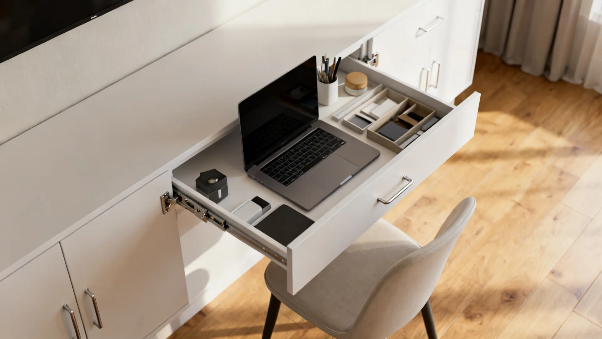 Slim white credenza with a hidden fold-down desk creating a compact workspace.