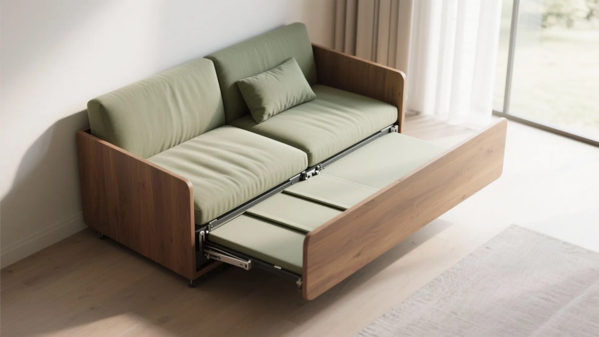 Top-down view of a fold-down daybed/wall sofa hybrid showing the hinge and folding mechanism and slim cushions.