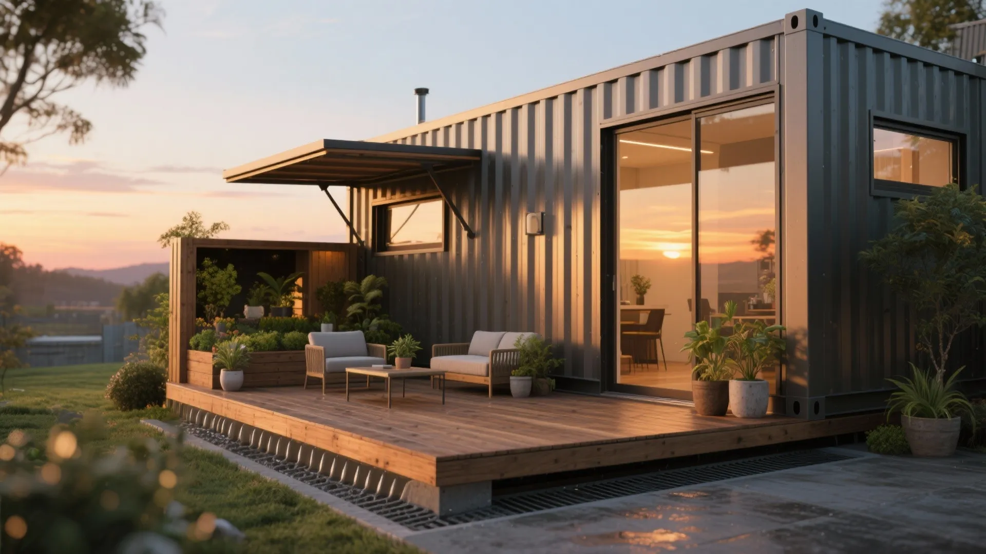 Container home with fold-down deck and pocket garden extending living space under warm light.