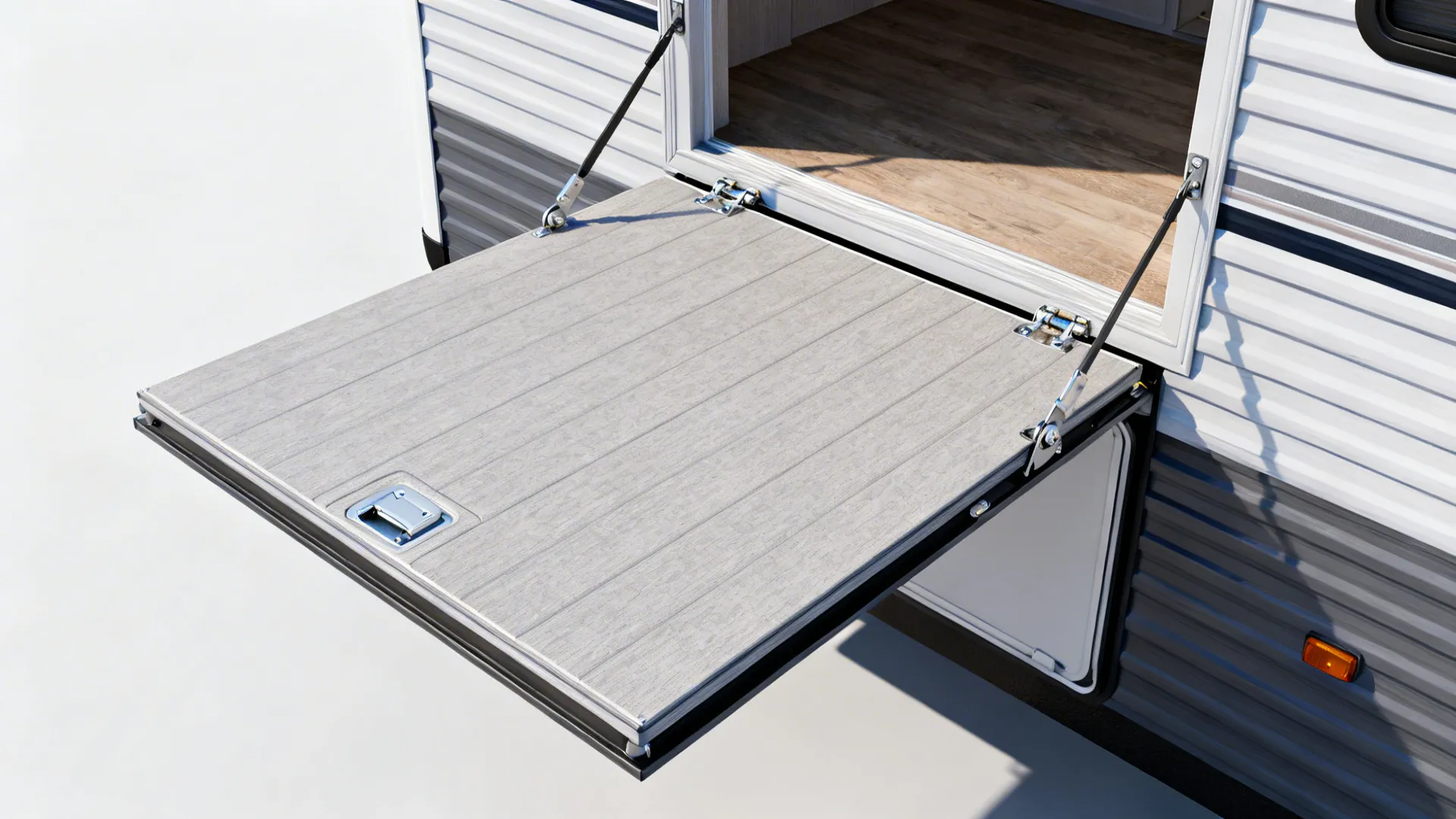 Fold-down hinged deck extended from a mobile home showing robust hinges and sealed attachment.