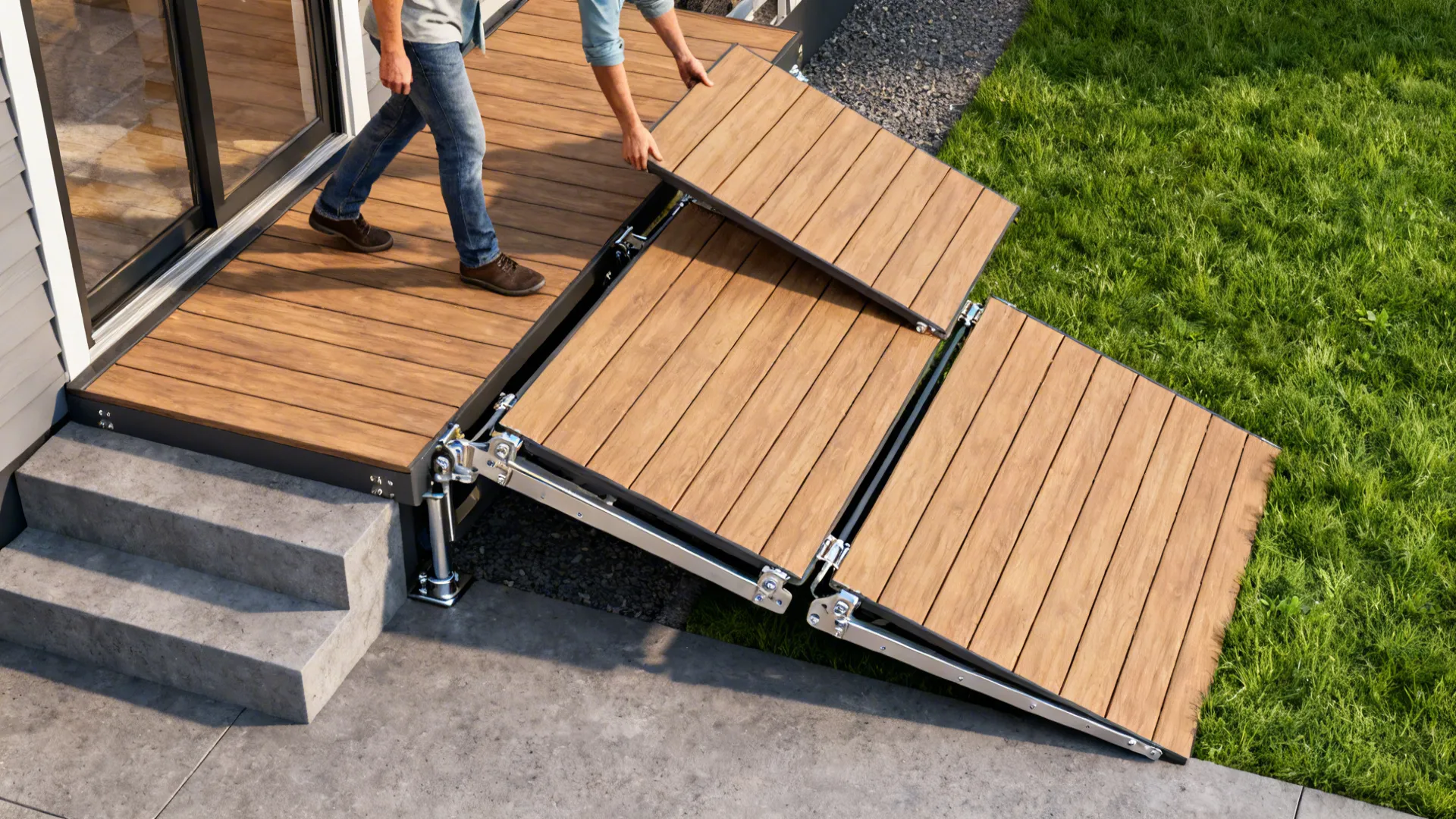 Top-down view of fold-down deck panels extended from a stoop with visible hinges.