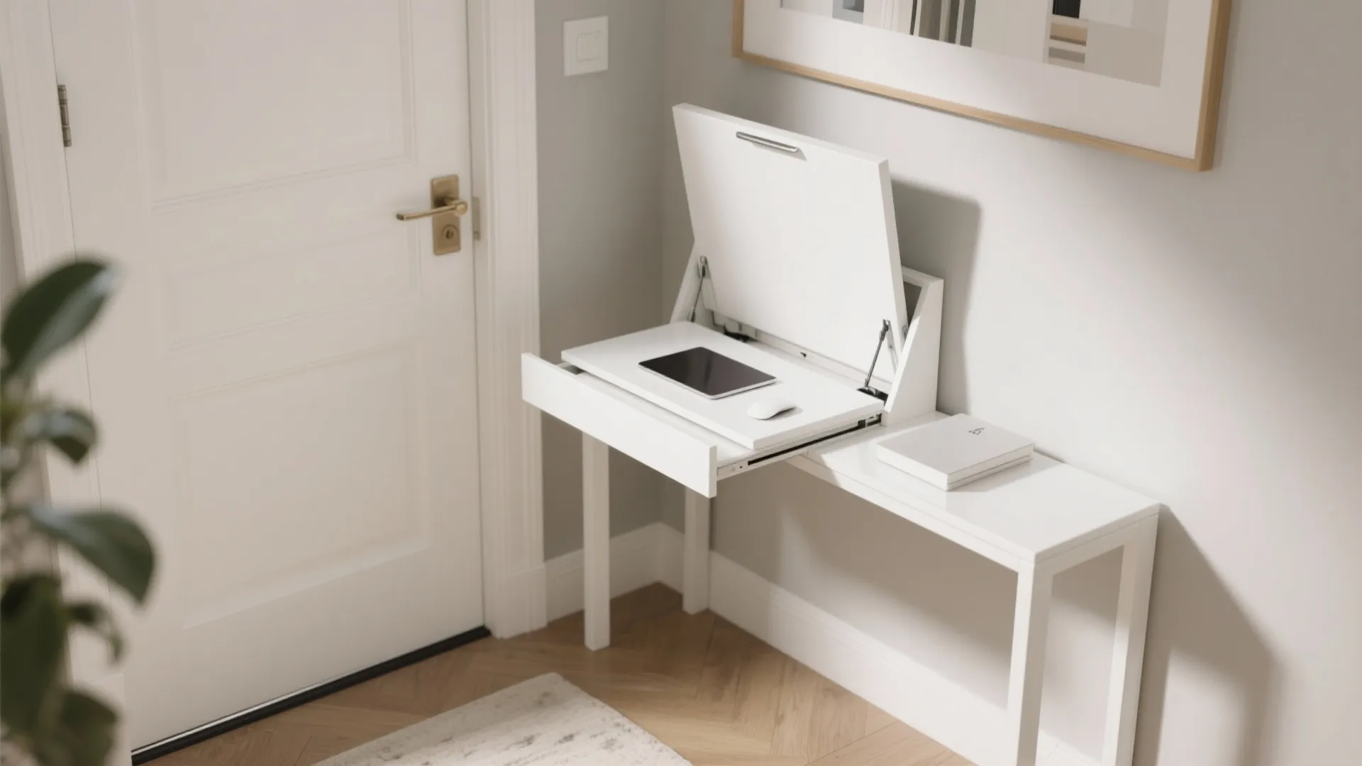 Small white wall mounted desk with a tablet and mouse used in a tight hallway