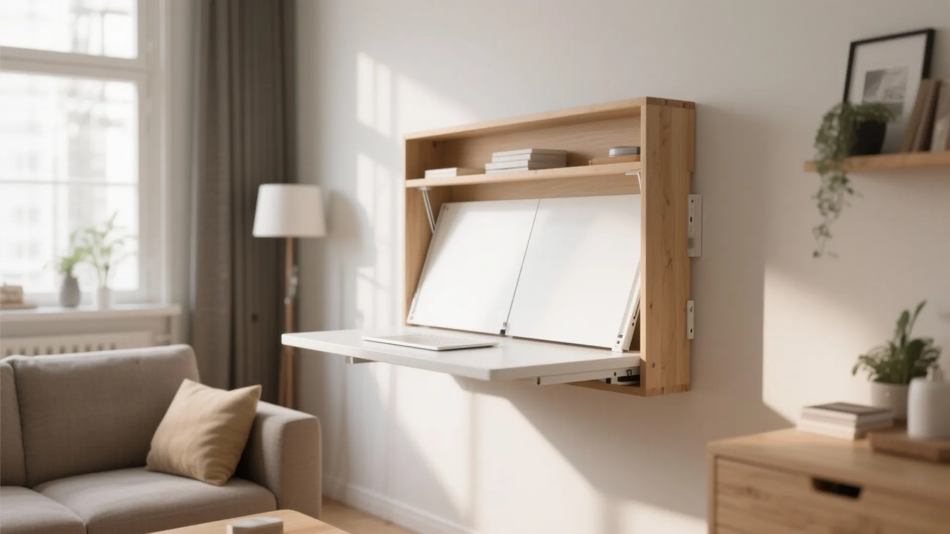 Wall mounted wooden fold down desk with white surface, keyboard, shelves, and living room background