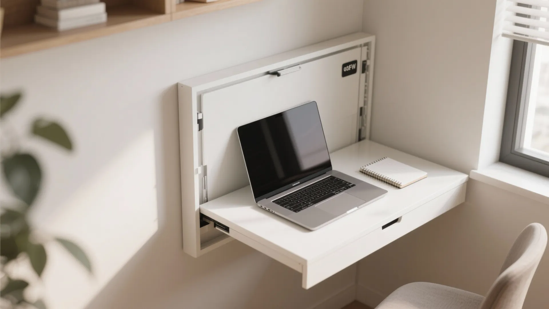 Small white fold-down desk setup in a compact home office corner