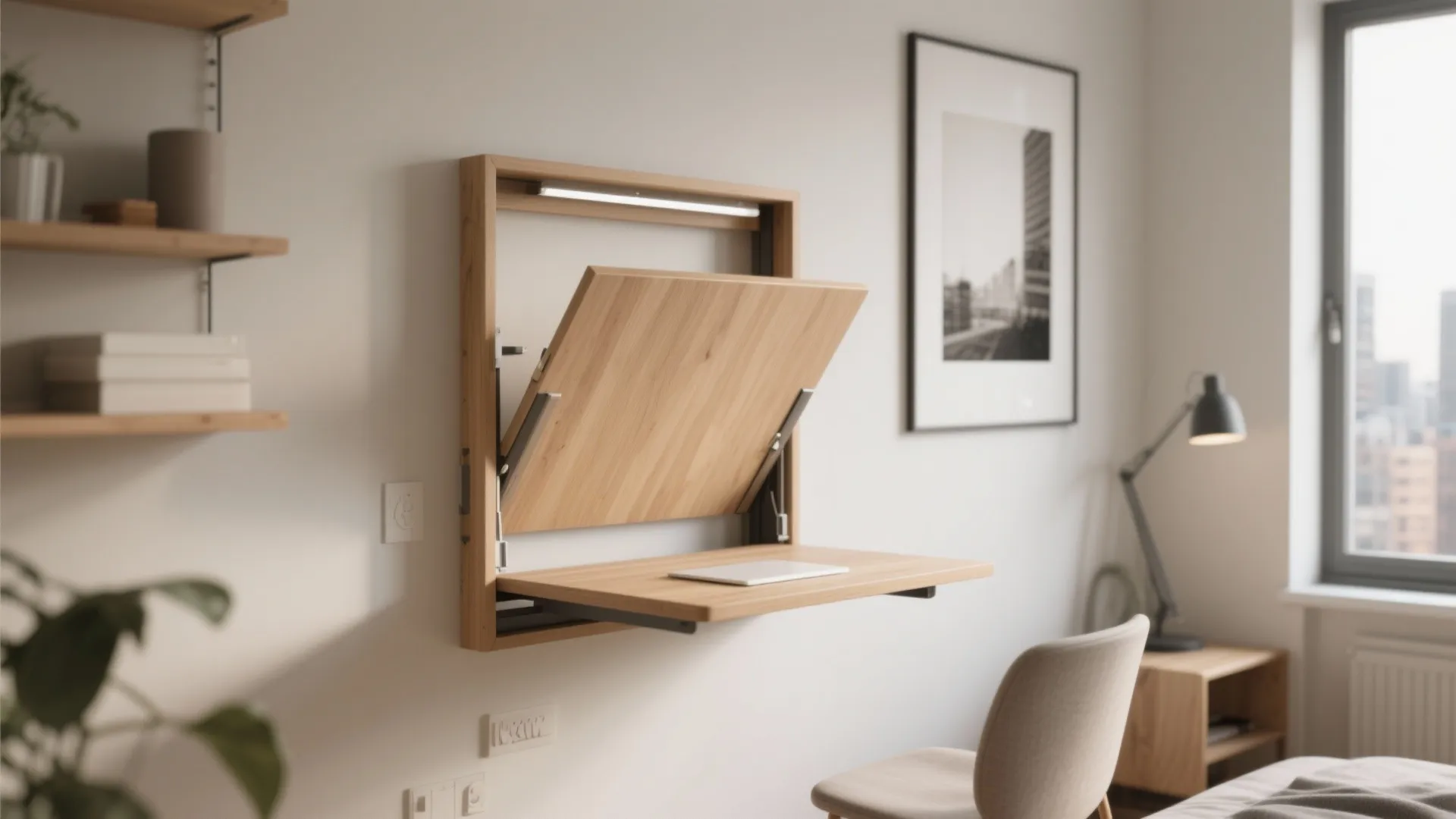 Wooden wall mounted folding desk being opened in a small room with light wall paint