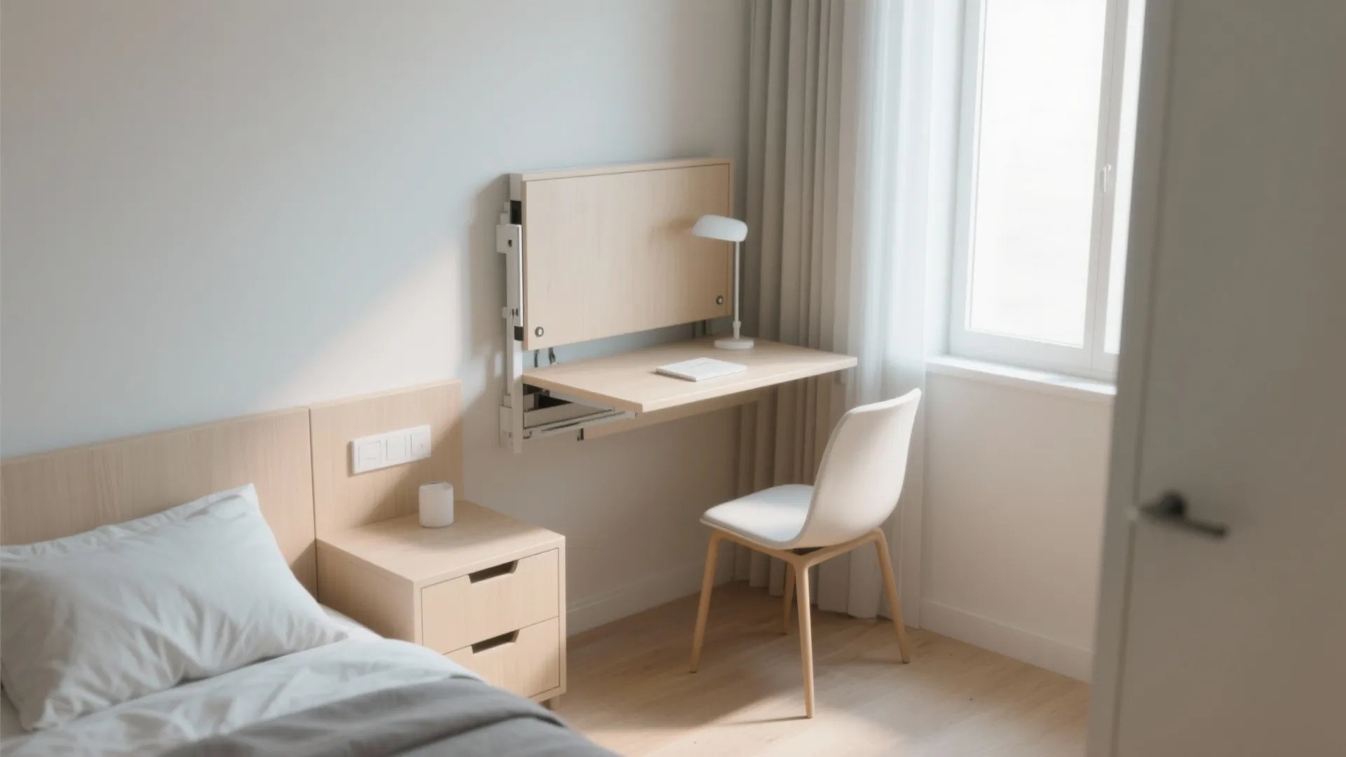 Modern bedroom featuring a wooden fold down desk attached to wall with white chair and lamp