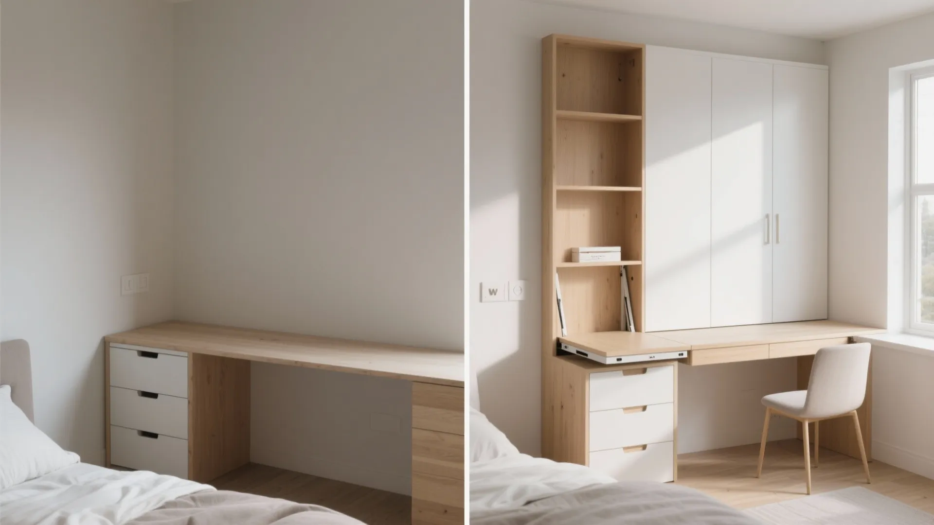 Before and after comparison of a home office area with a new wooden fold down desk