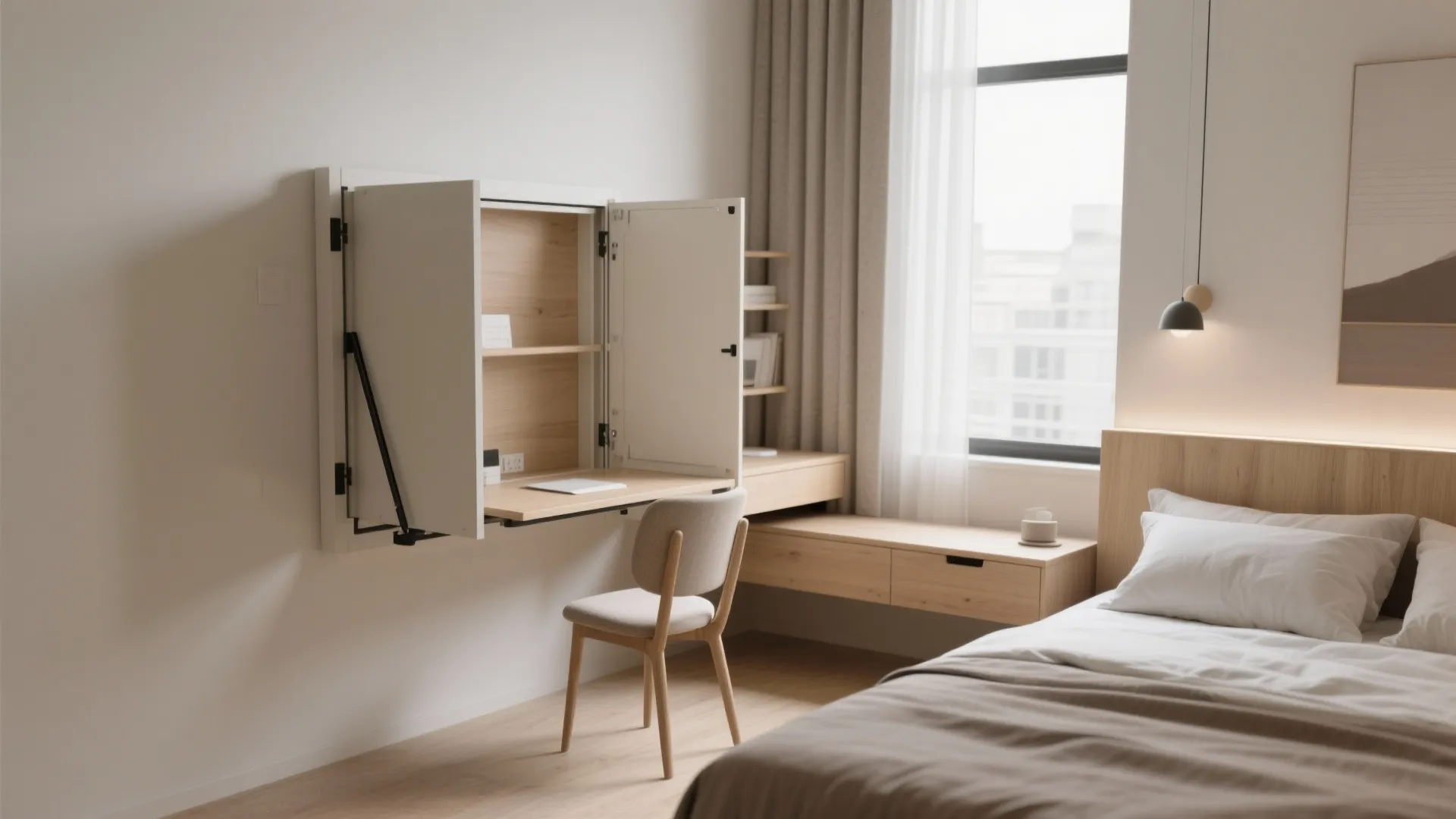 Modern bedroom featuring white wall-mounted fold-down desk, wooden furniture, neutral chair, and natural window light