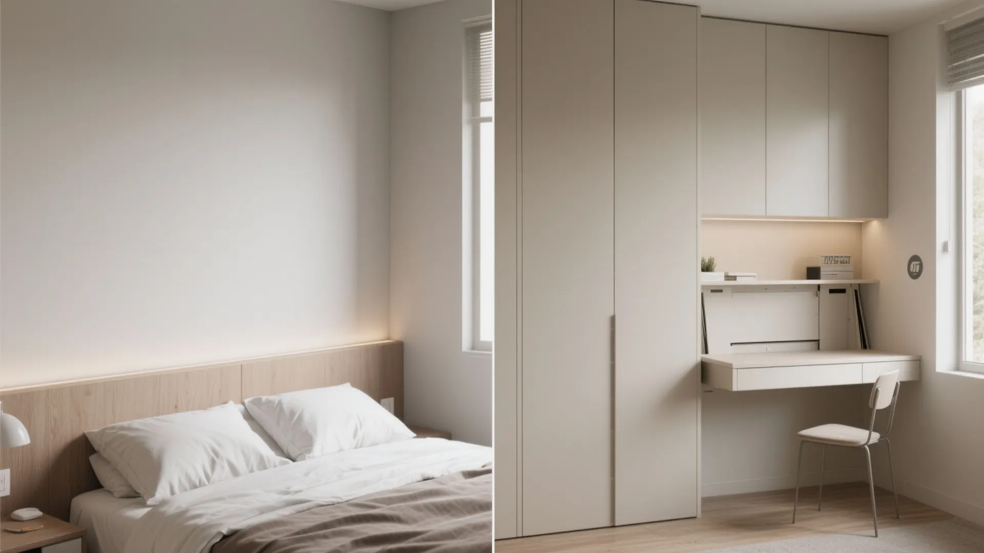 Modern bedroom with wooden headboard and white bedding next to a white fold down desk
