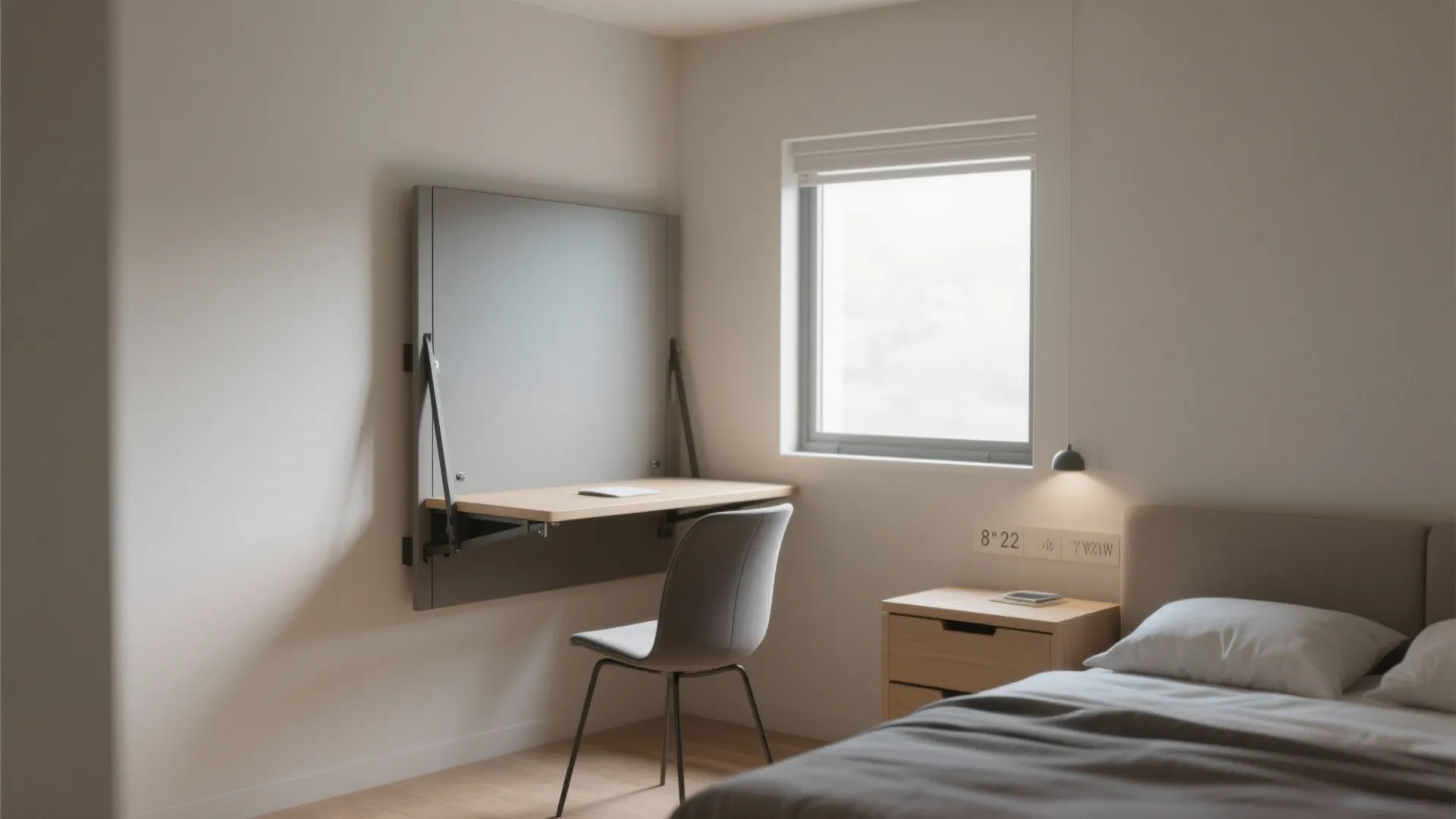 Minimalist bedroom featuring wall-mounted fold-down desk, grey chair, wooden bedside table, and natural window light