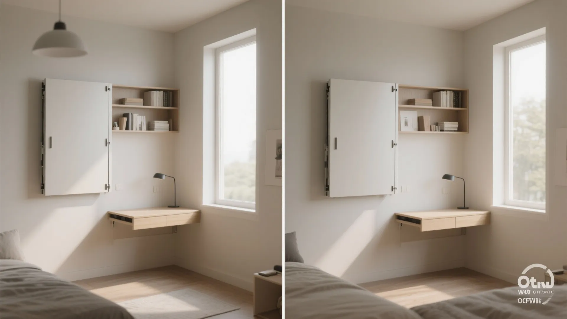 Before and after comparison of a wall mounted cabinet with a fold down work desk