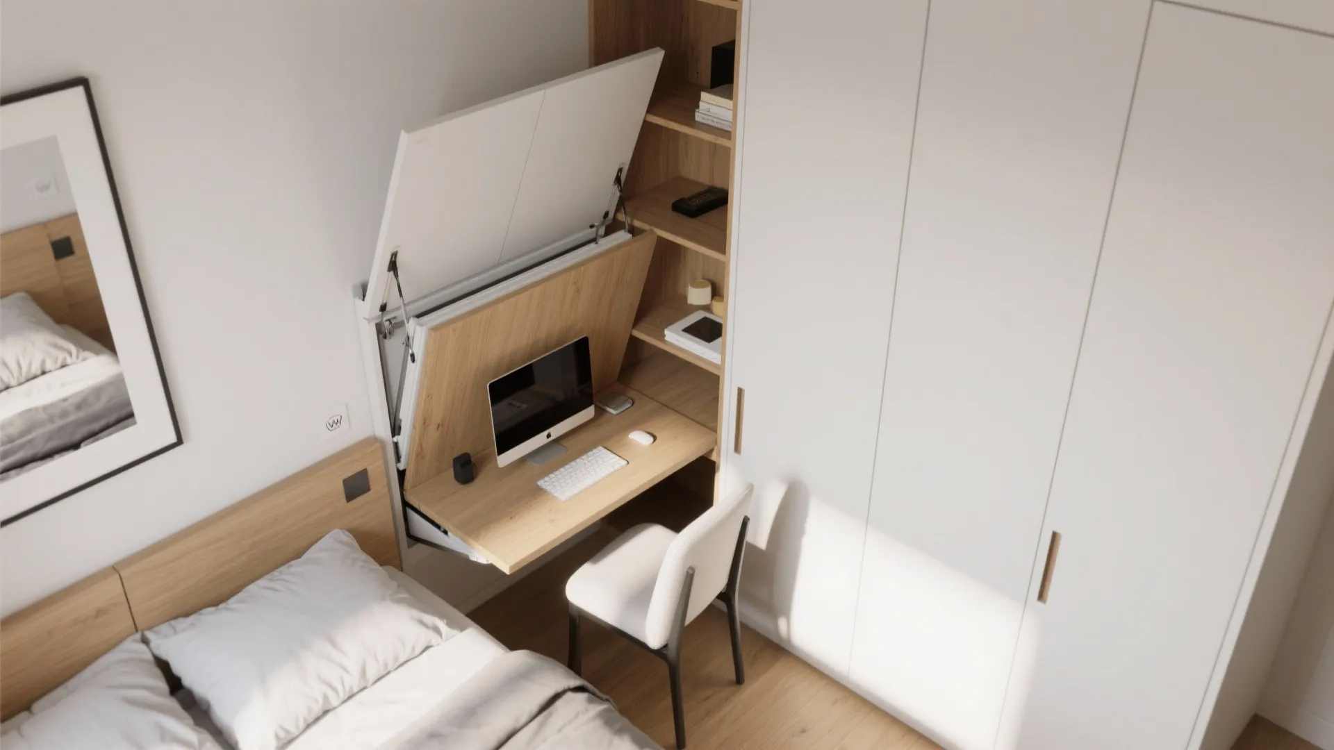 Modern small bedroom with space saving fold down desk next to a white wooden cabinet