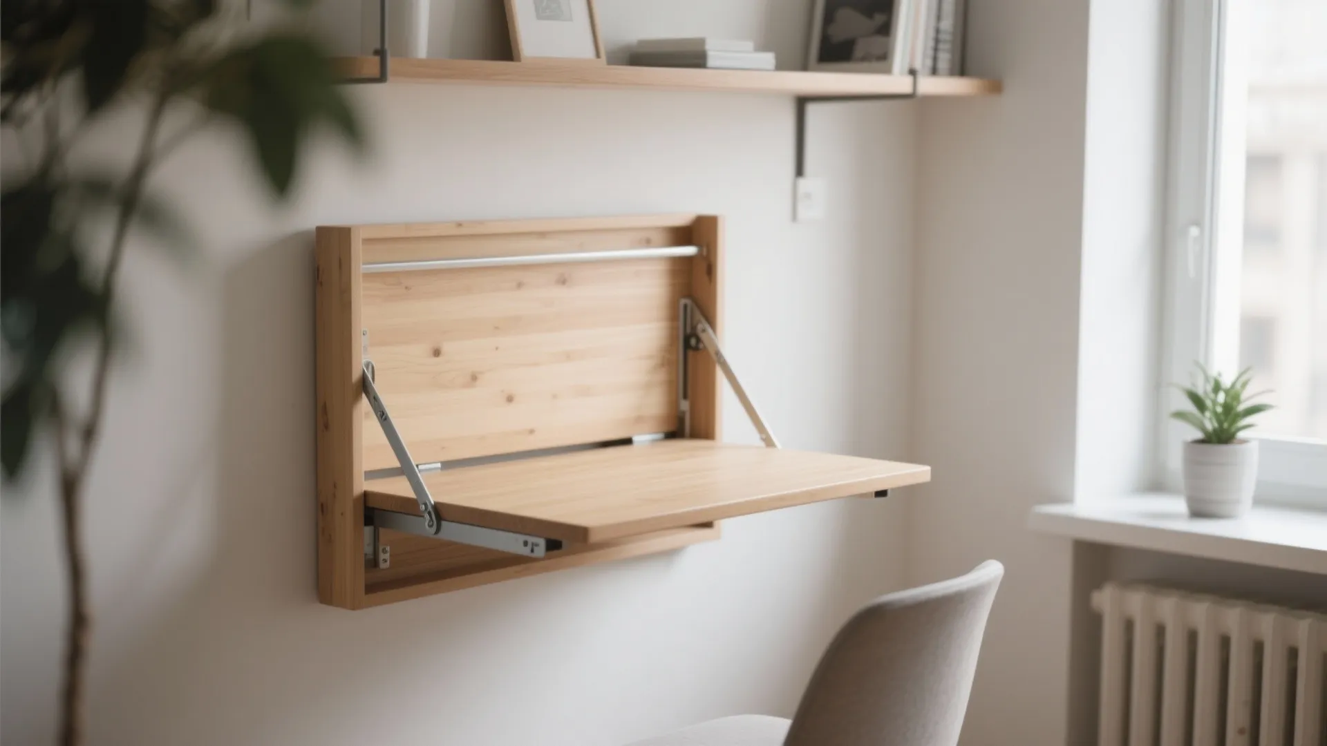 Modern wood fold down desk mounted on wall with grey chair and bright natural light