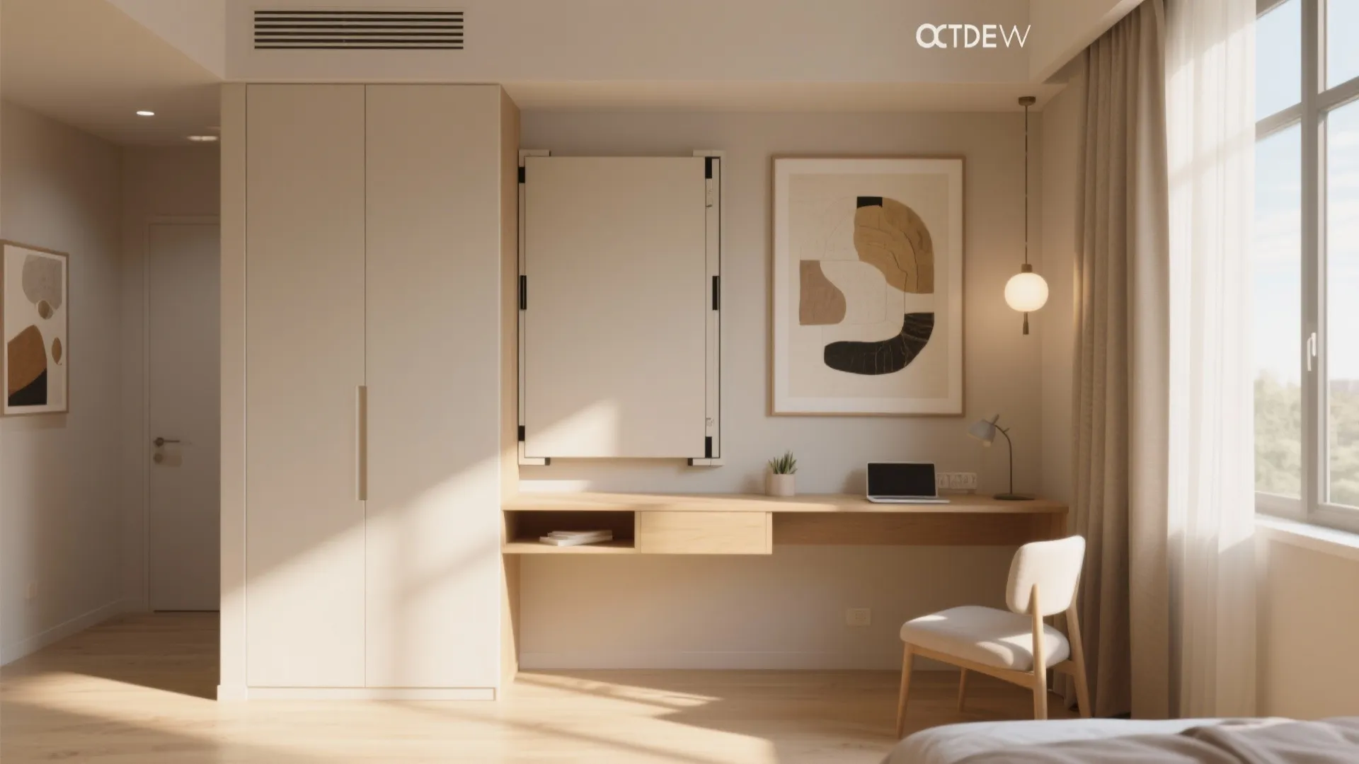 Fold-down wall desk in a guest bedroom during daytime
