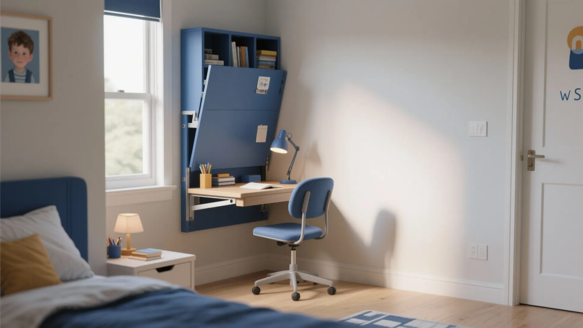 Blue wall mounted fold down desk with matching chair and bookshelves in a kids bedroom