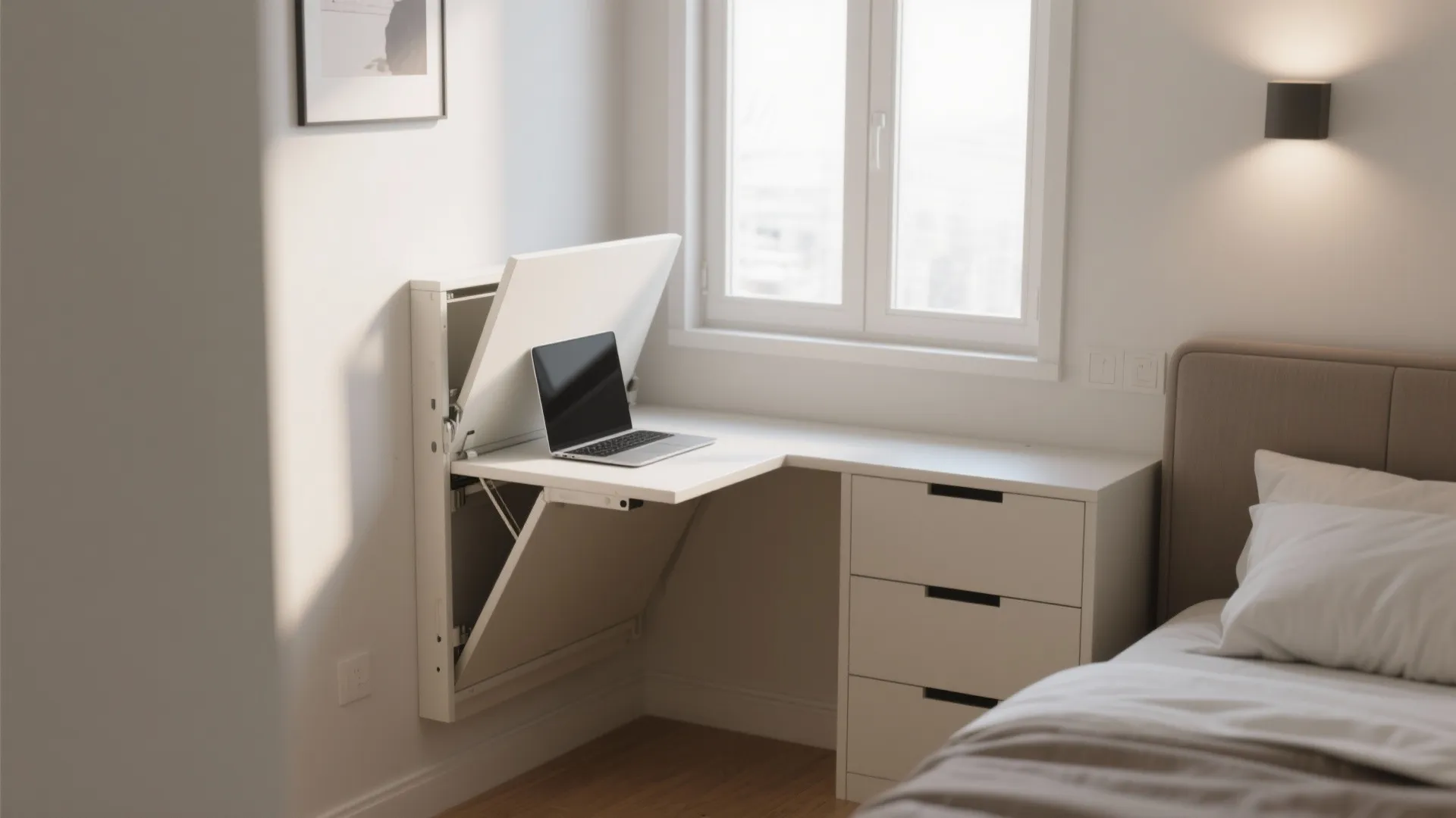White fold down desk with laptop mounted on wall next to a window and bed