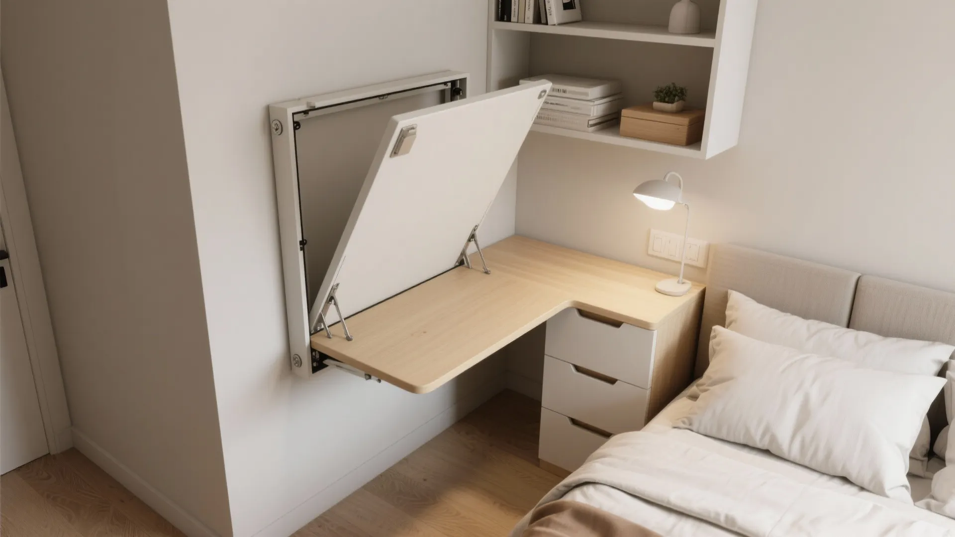 Fold-down desk in a compact bedroom layout