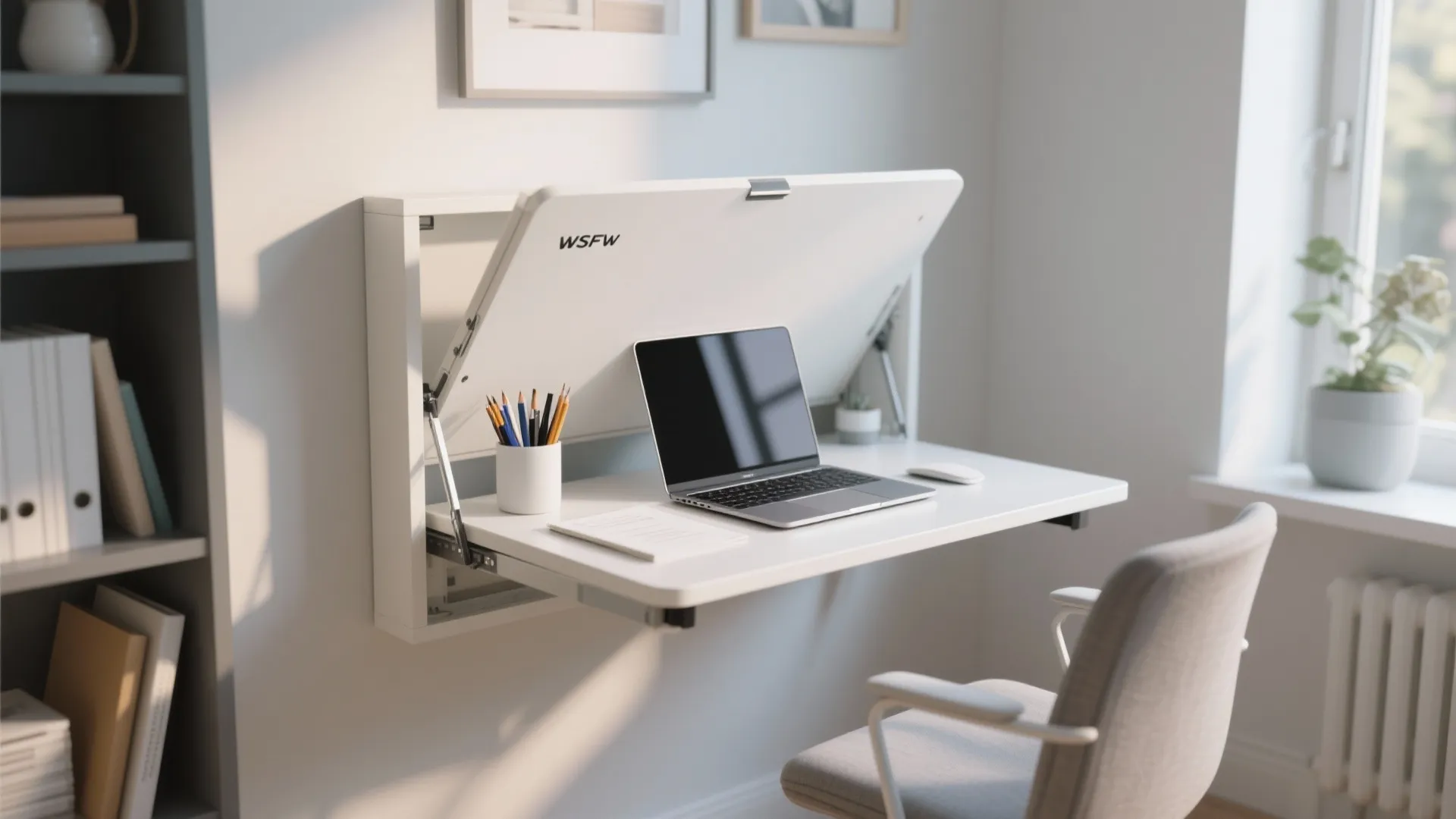 Fold-down wall desk opened with laptop and supplies