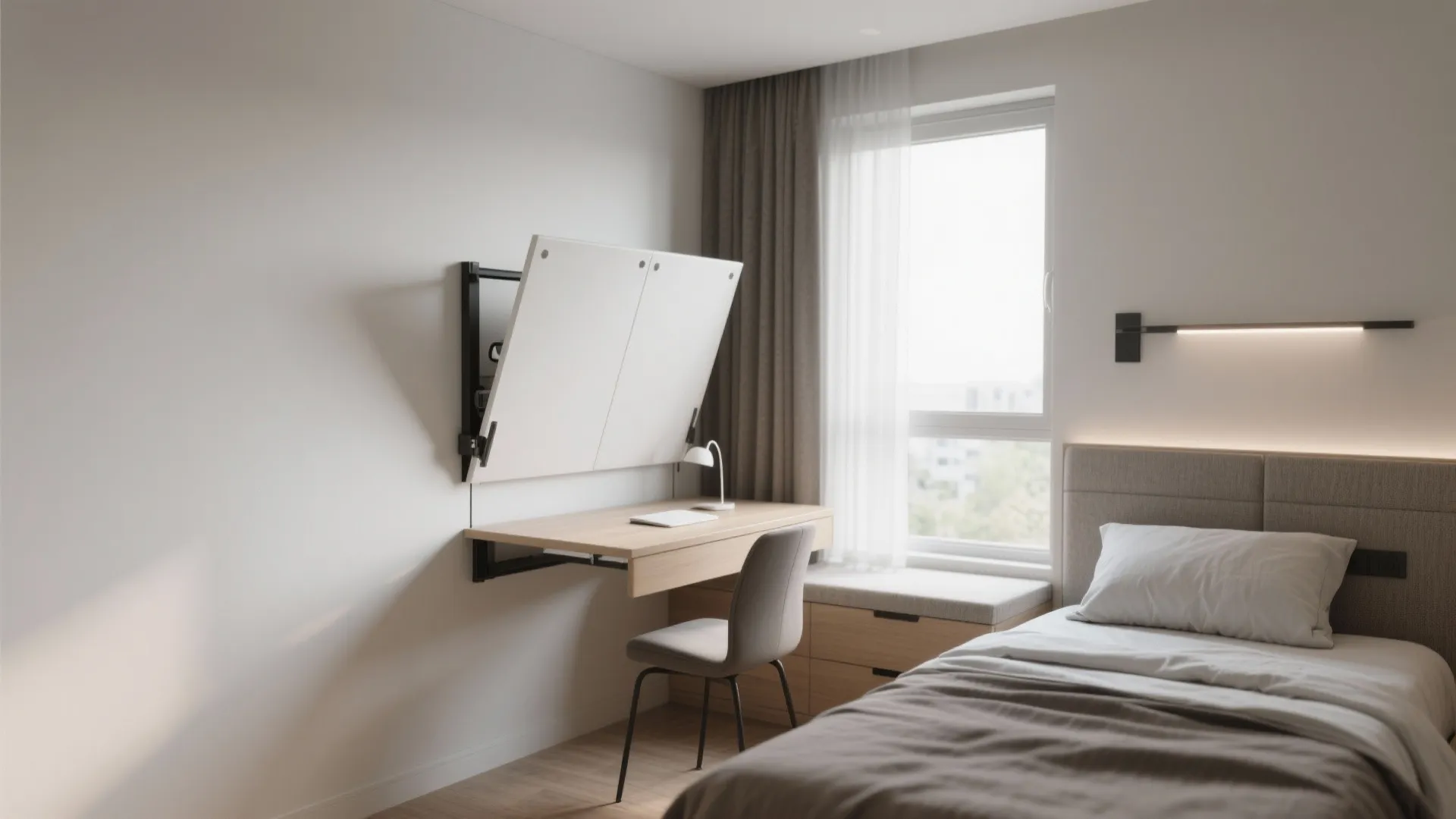 Wall-mounted fold-down desk in small bedroom setting