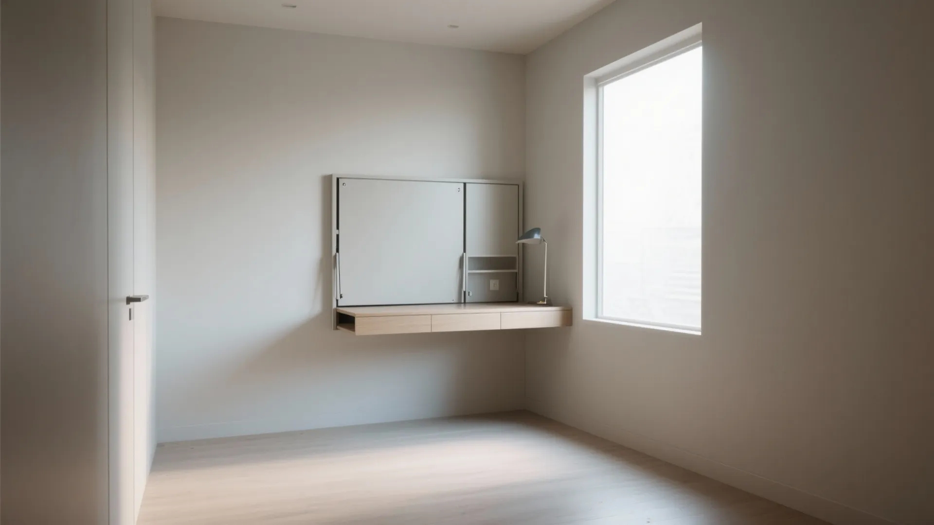 Minimalist wall mounted desk in a white room with a window and small desk lamp