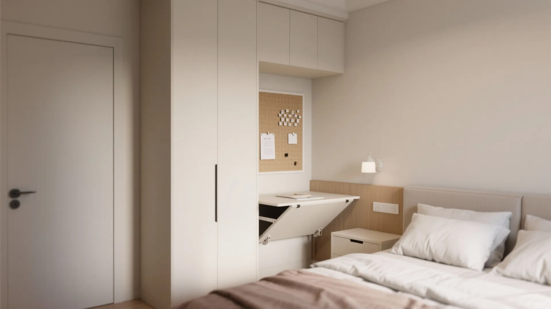 White bedroom cabinet featuring a functional fold down desk beside a comfortable bed with pillows