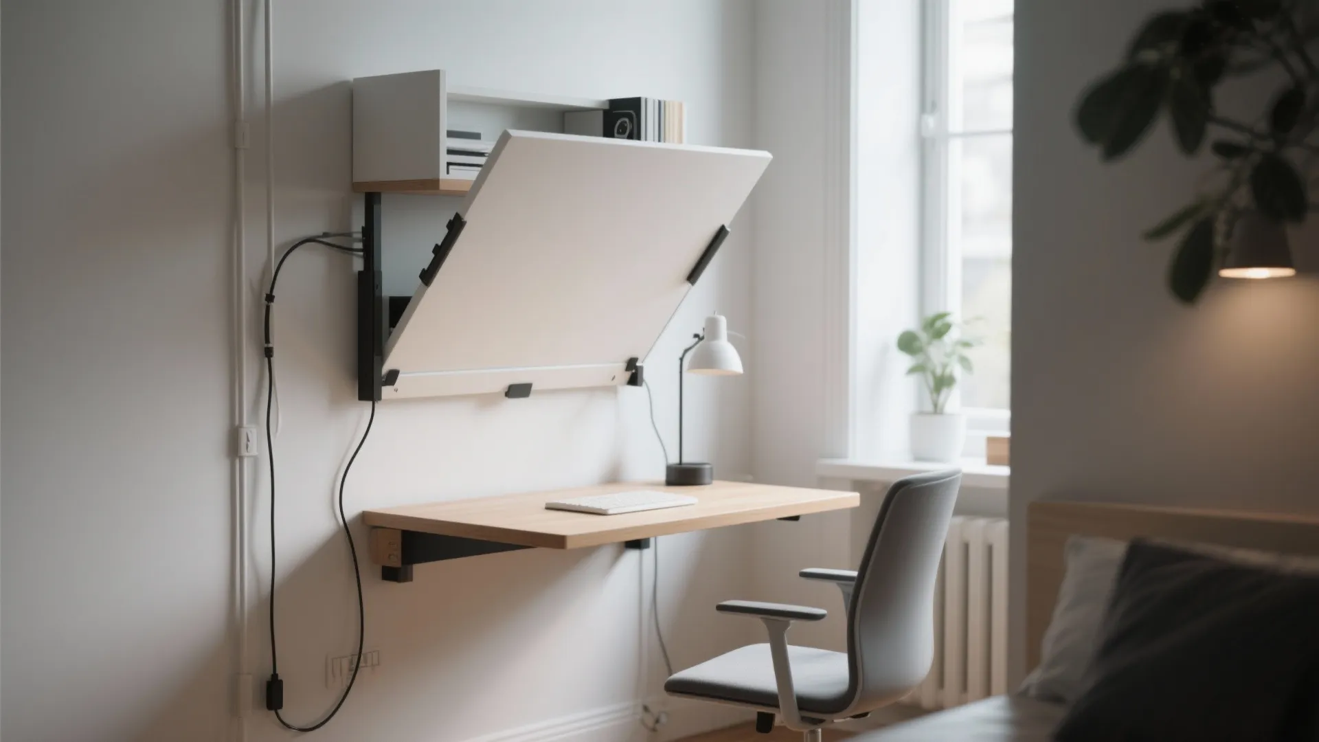 Modern wall mounted fold down desk with wooden tabletop grey chair and white desk lamp