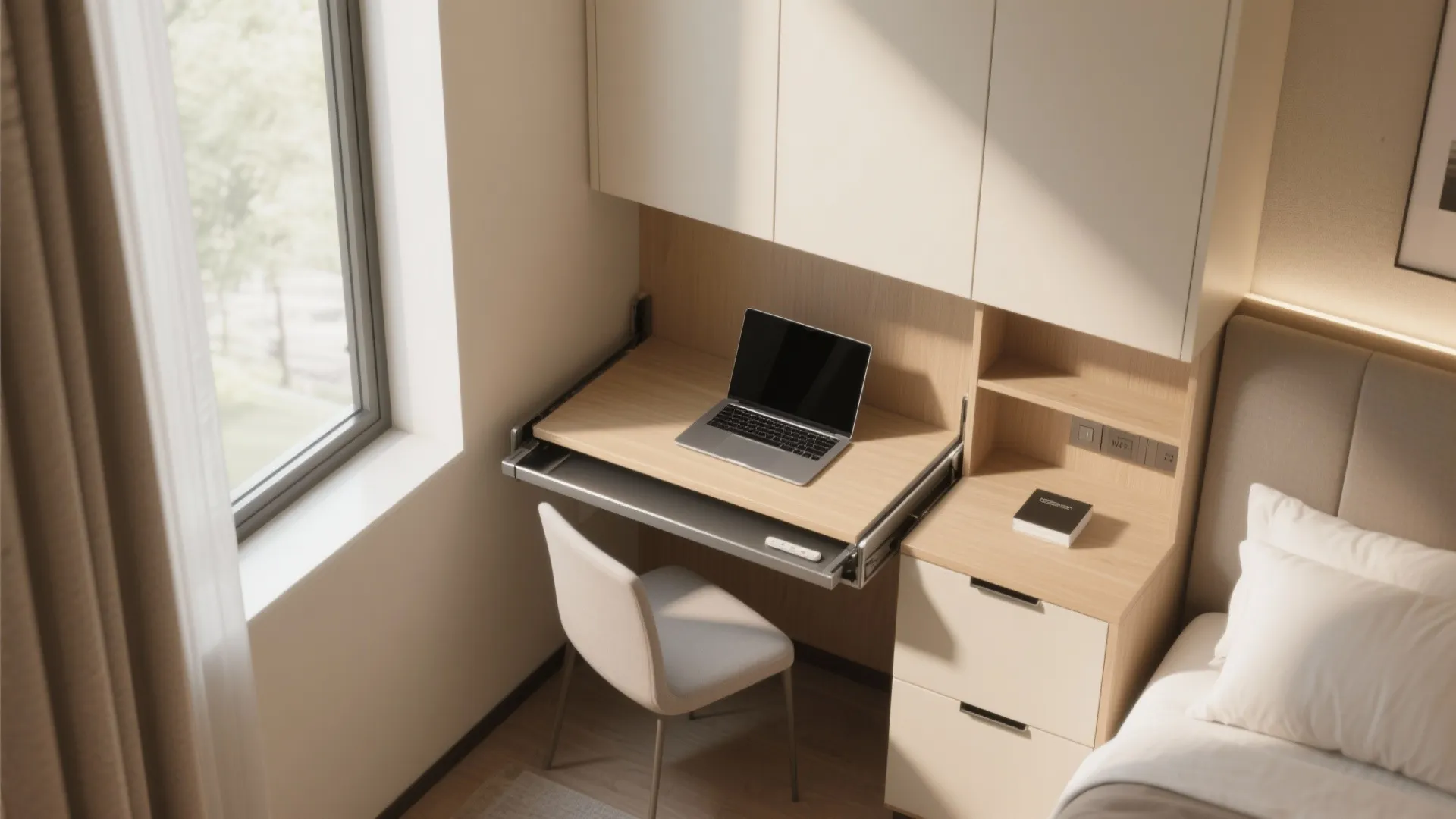 Top-down view of a fold-down wall desk in small space