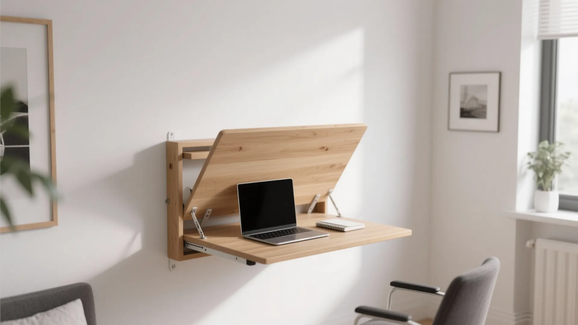Space saving wooden fold down wall desk with laptop notebook and grey chair in bright room