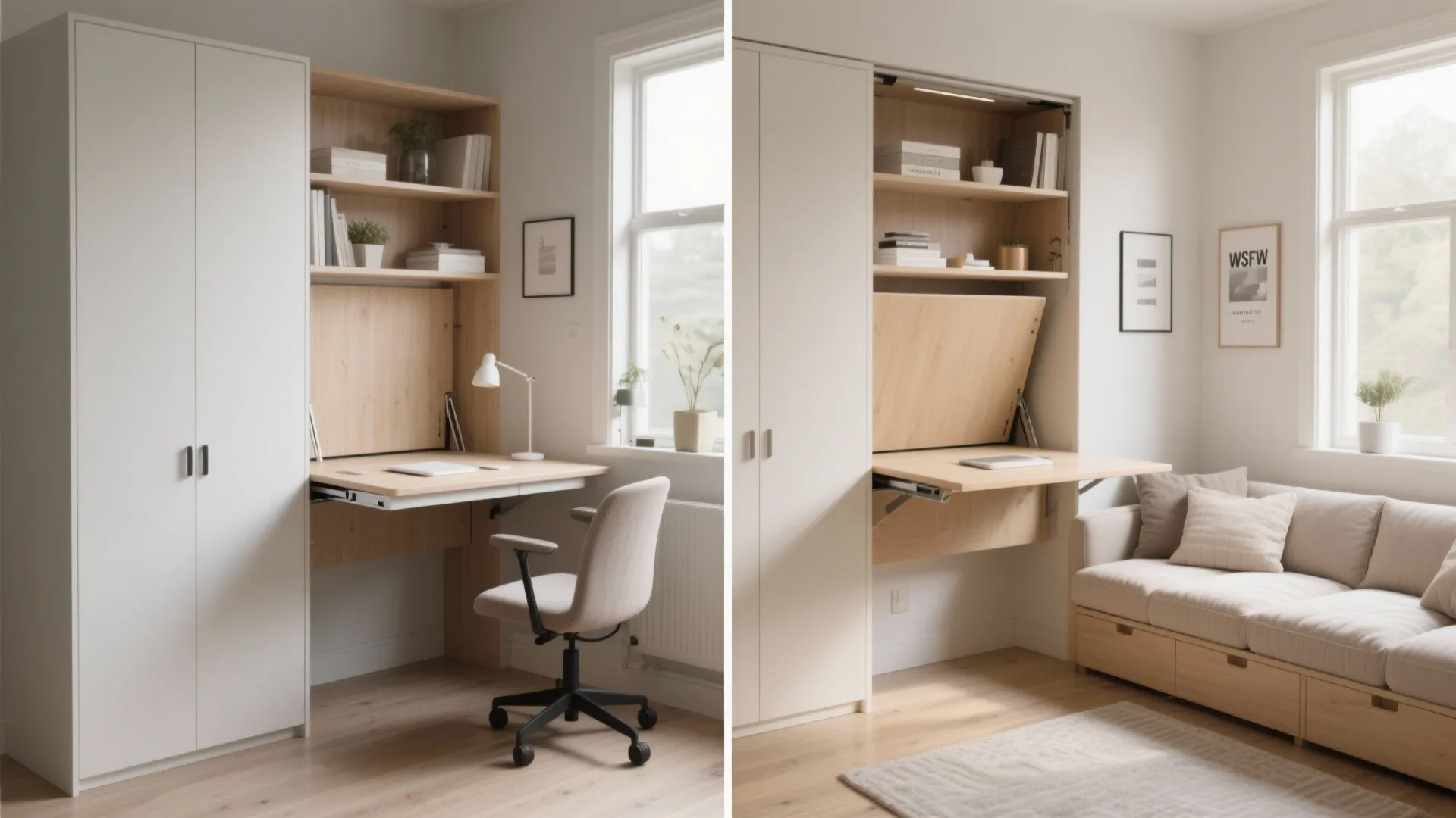 Fold-down desk in home office shown open and closed