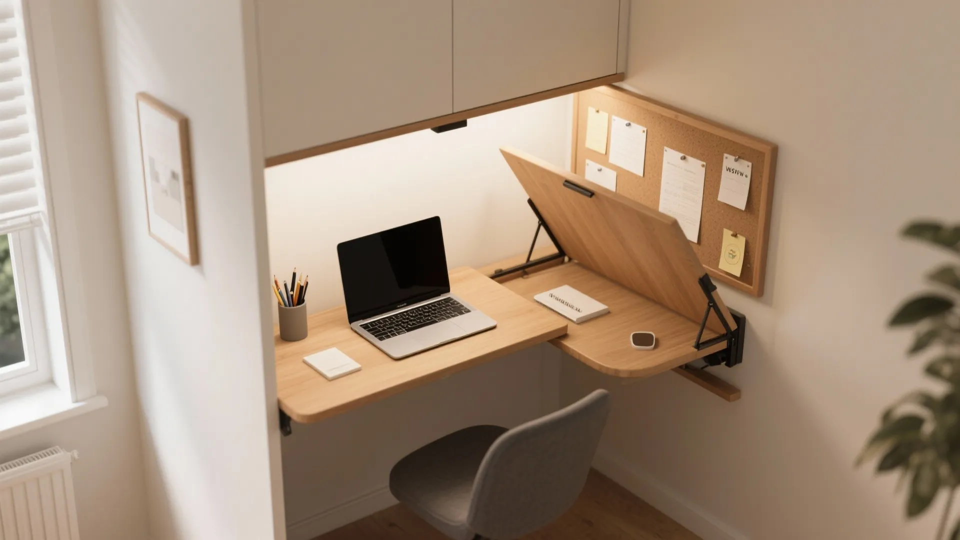 Convertible fold-down desk in small home office both open and folded