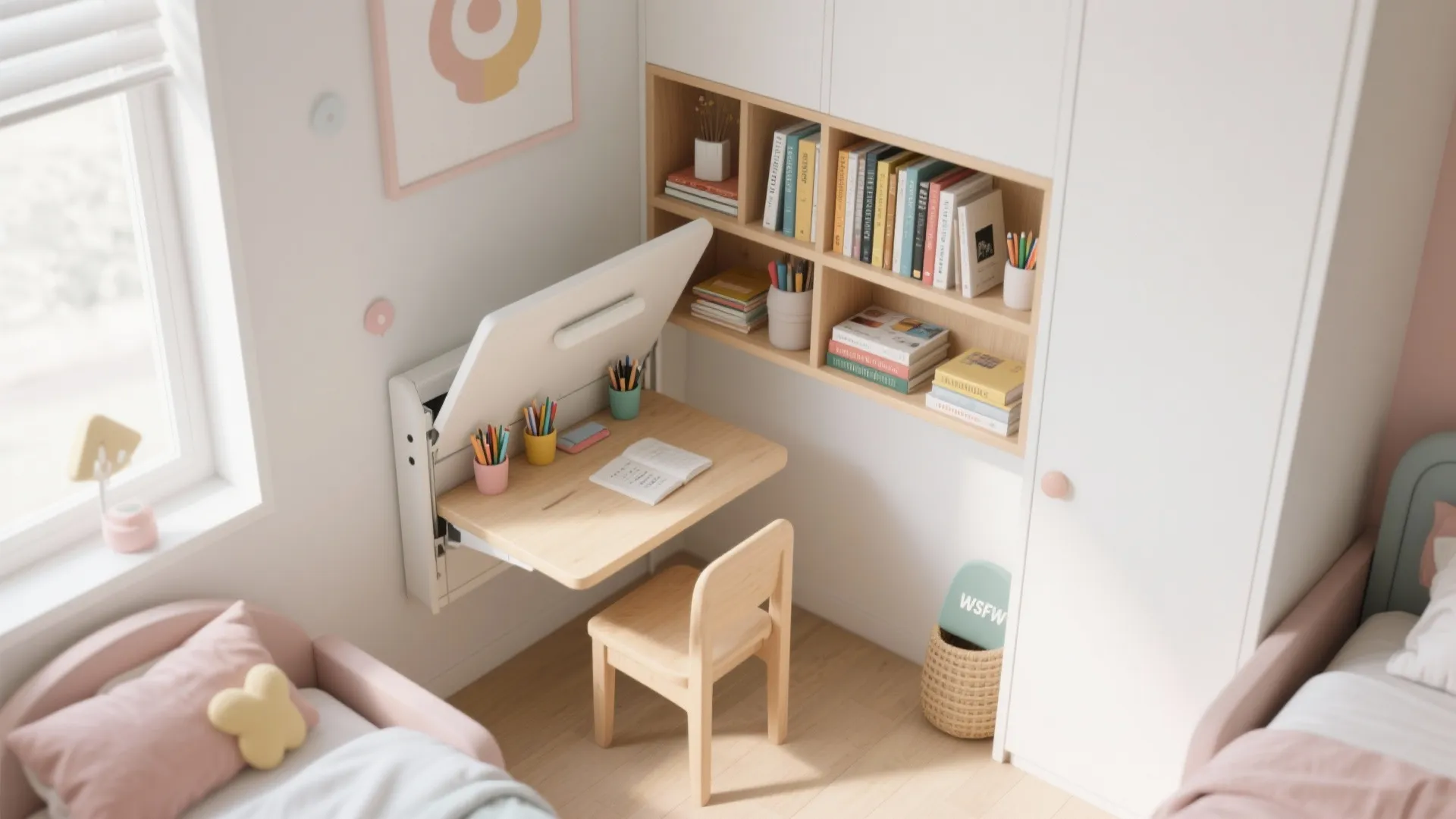 Space saving fold down wooden desk attached to wall with wooden chair and bookshelf above