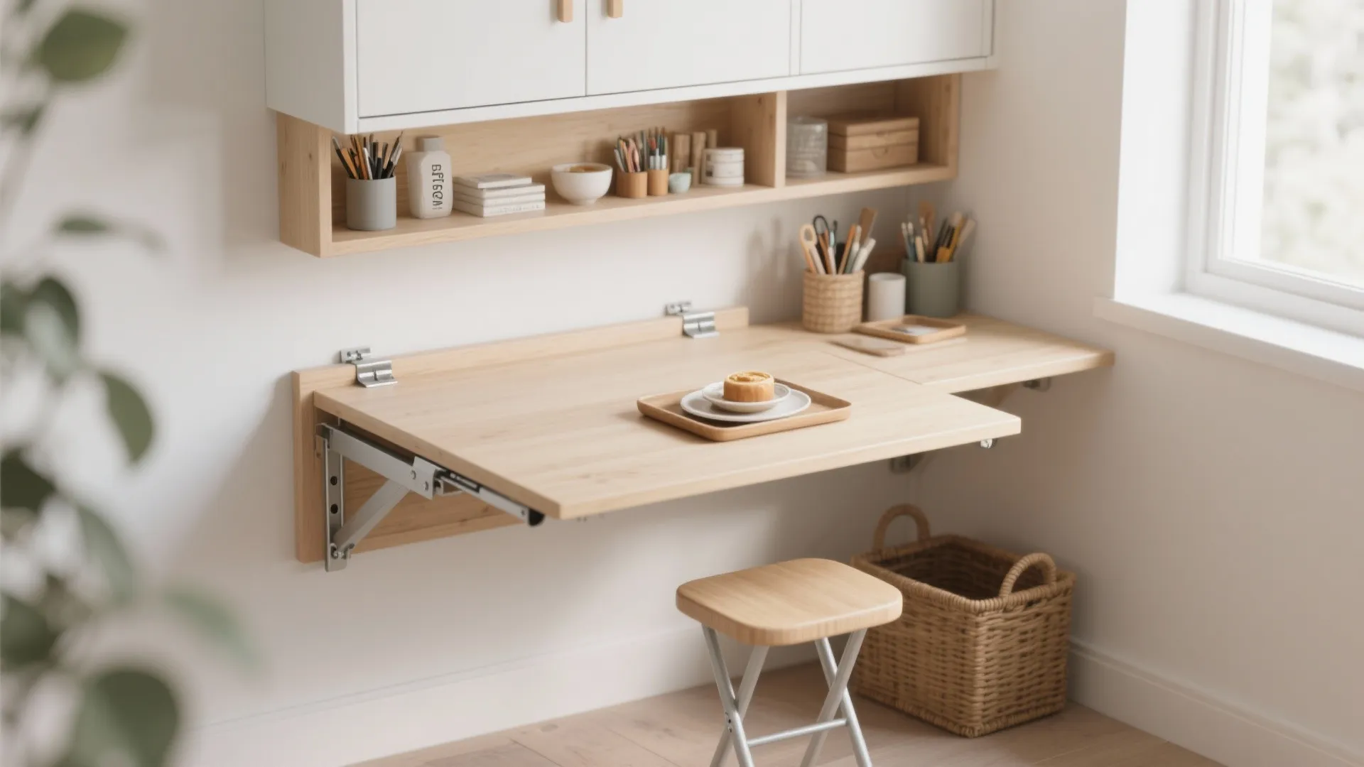 Wooden wall mounted folding desk with white cabinets shelves small stool and a woven storage basket