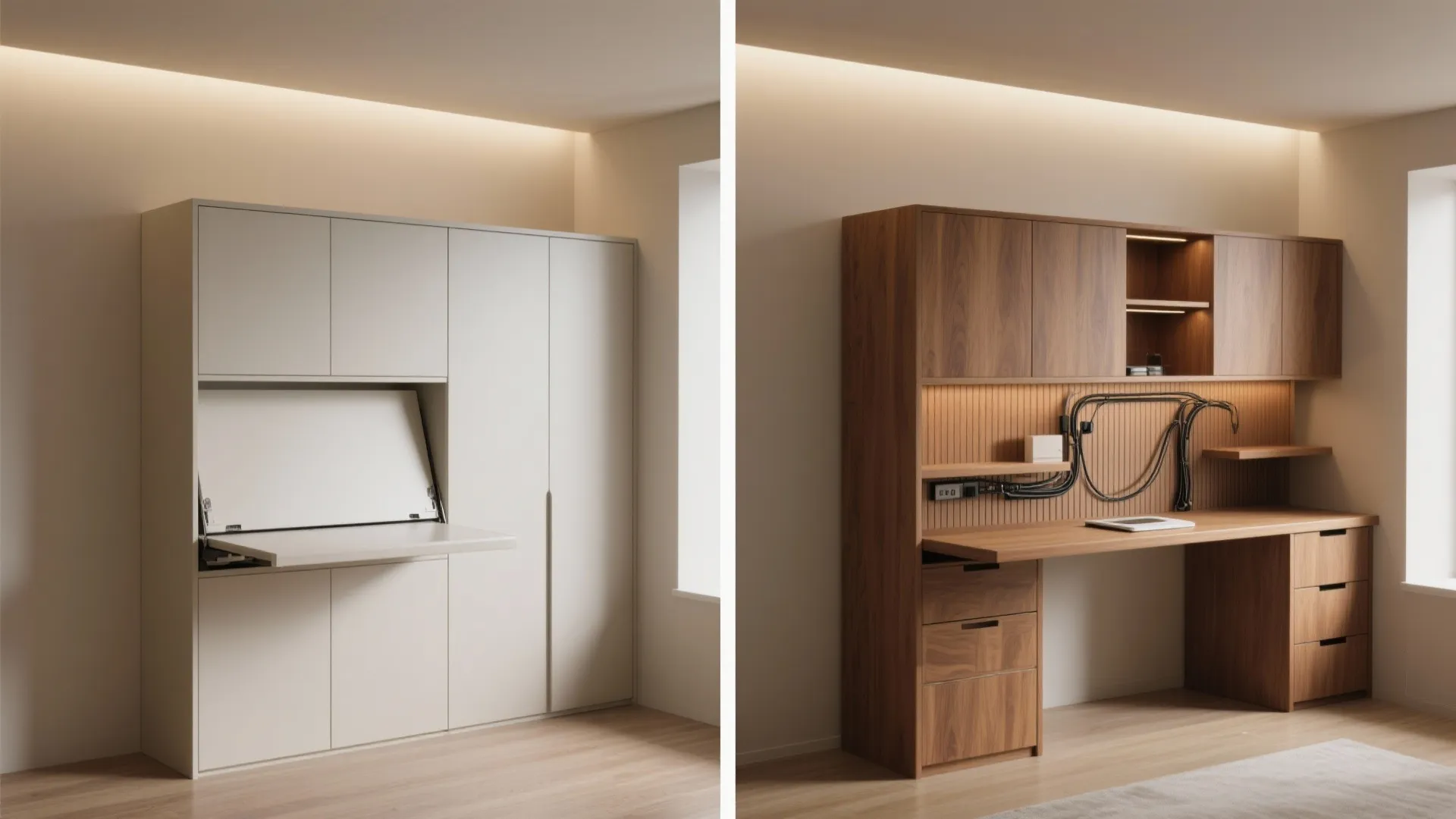 2. Built-in wall storage with a fold-down desk