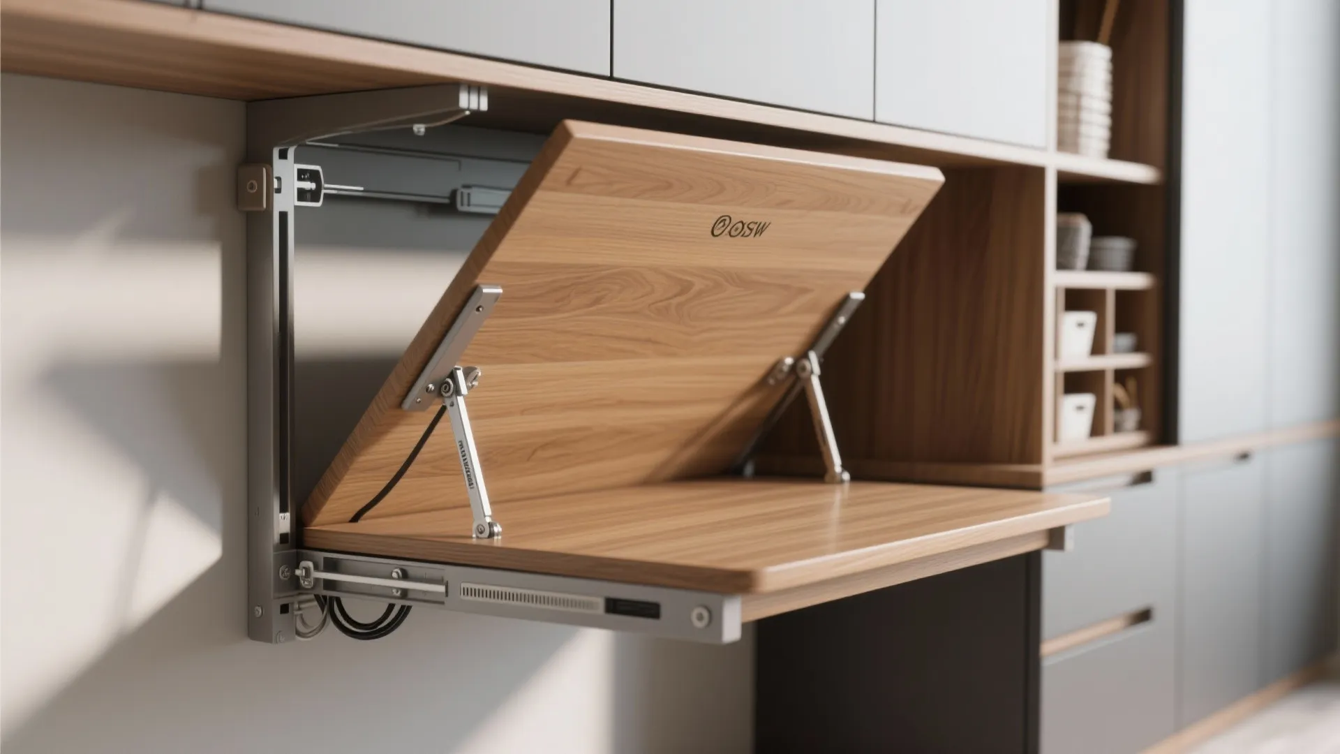 Close up of a wooden fold down desk with metal hardware installed into a wall cabinet
