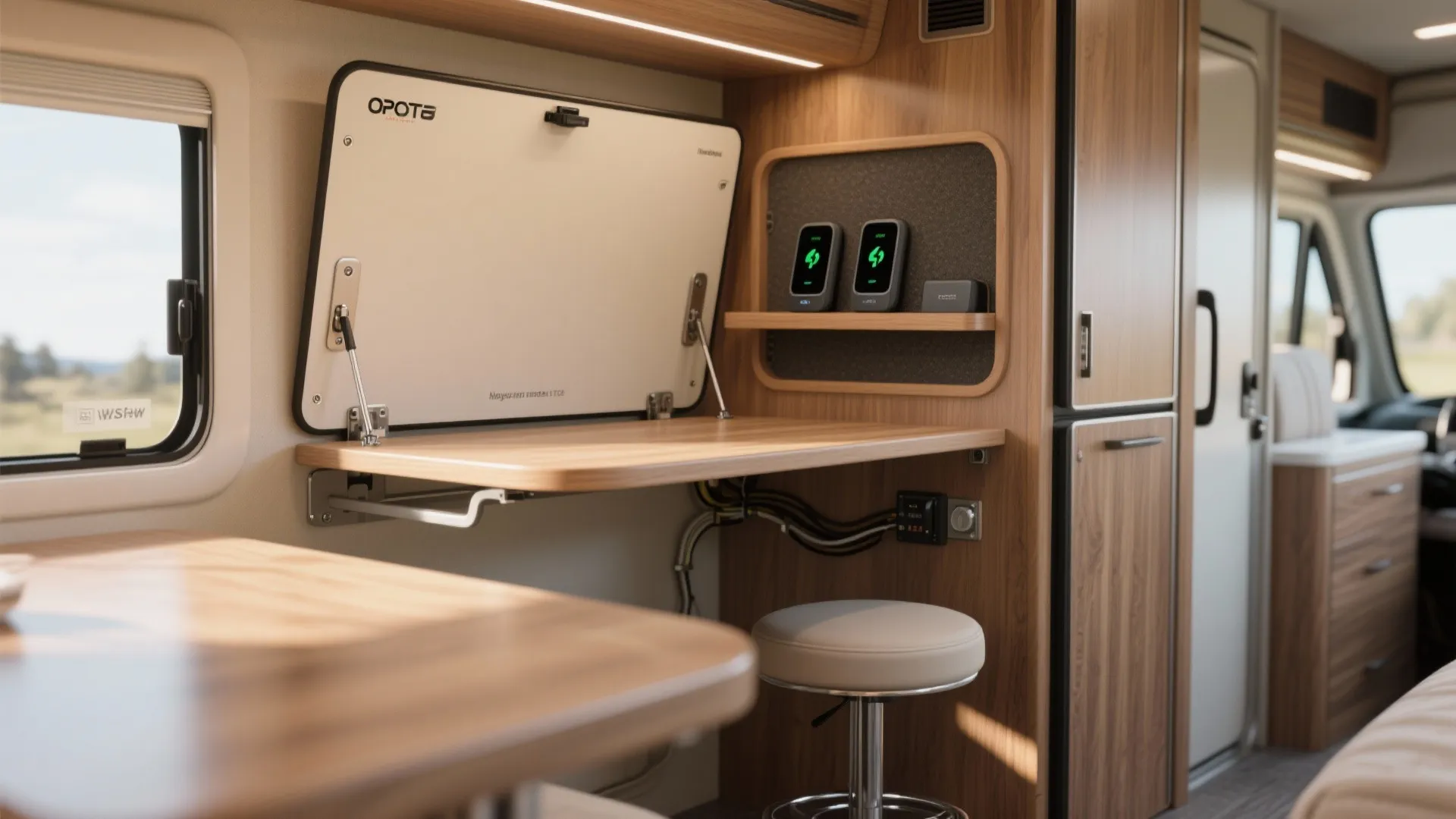 Foldable wooden desk inside a motorhome featuring a white wall panel and small round stool