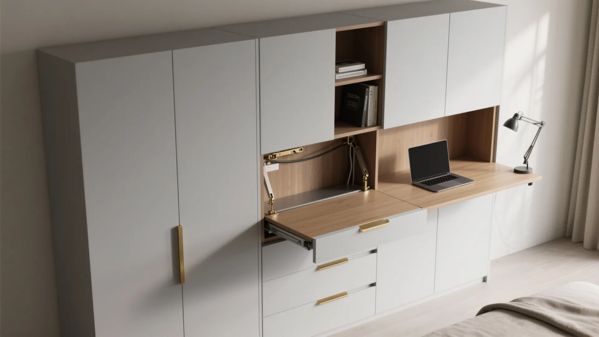 Modern grey cabinet with wooden fold down desk including laptop and a small black table lamp