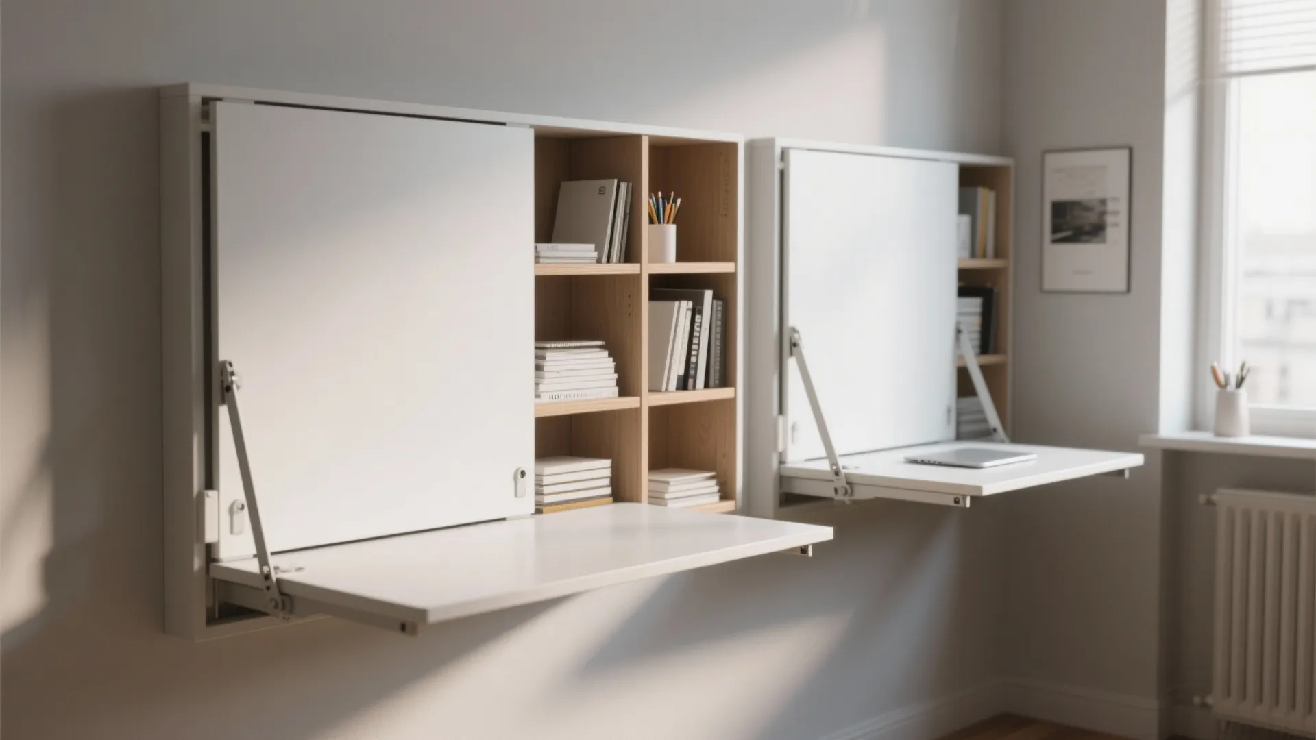 3. Fold-Down Wall Desk with Hidden Shelves